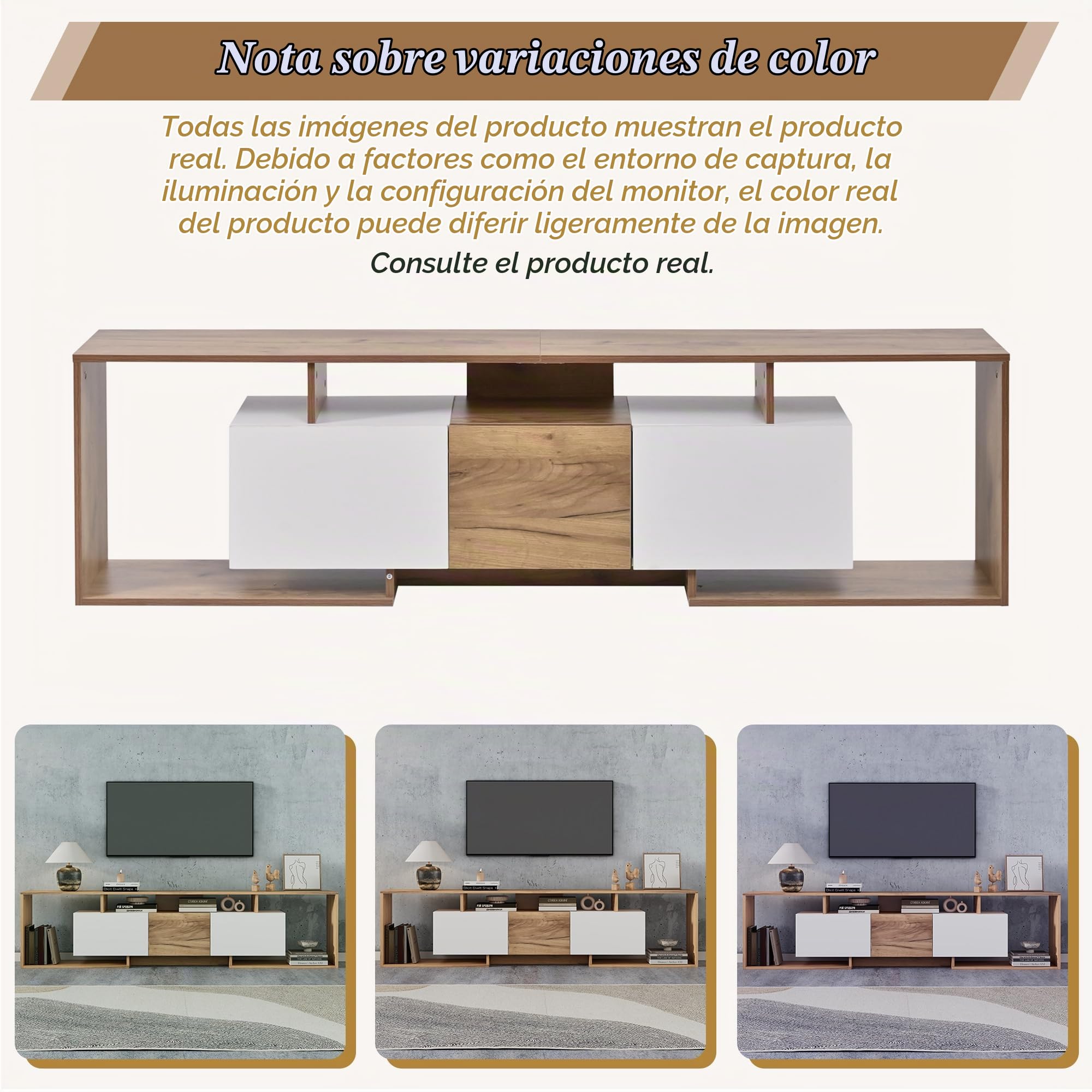 Mueble de TV bajo con espacio de almacenamiento, 180 cm, color
