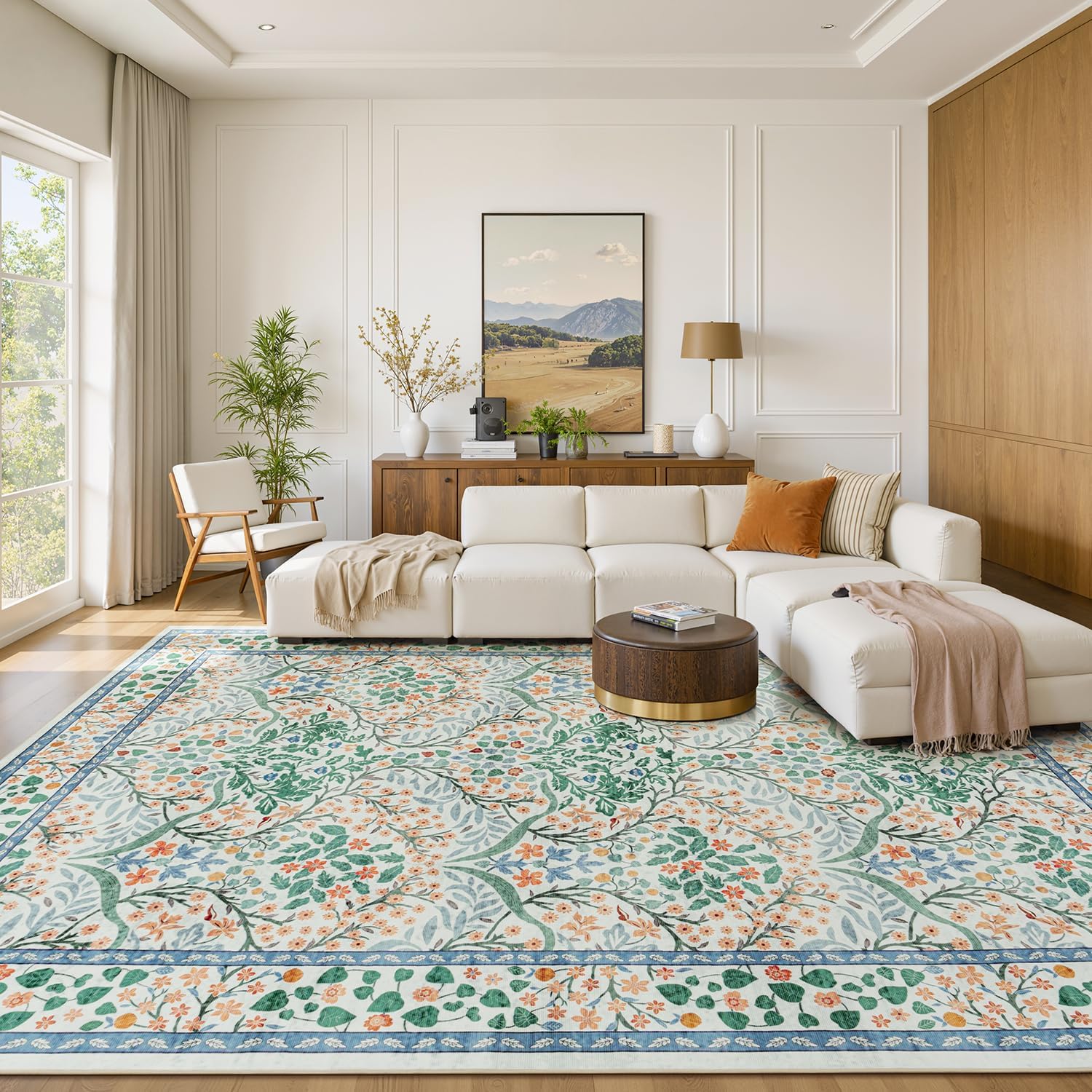 lofus 9x12 floral living room rug, washable large area rugs non slip low pile, boho carpet for kitchen bedroom dining room home office, vintage farmhouse forest-themed area rugs, white green orange white/green/orange 9' x 12' (rectangular)