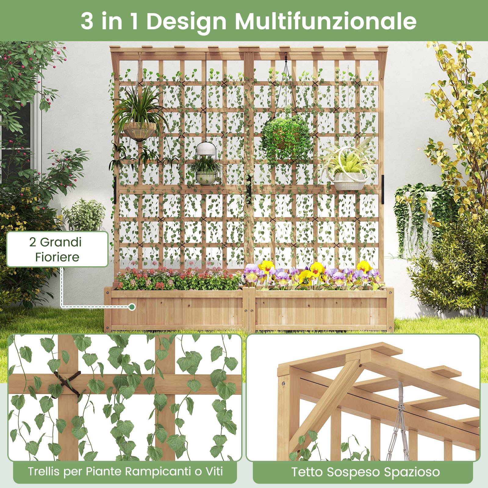 COSTWAY Fioriera in Legno con Traliccoio, Letto da Giardino con Grigliato, Tetto Appeso, 2 Scatole per Piante, 4 Fori di Drenaggio, Aiuola da Giardino Elevata per Piante Rampicanti e Fiori (Naturale)