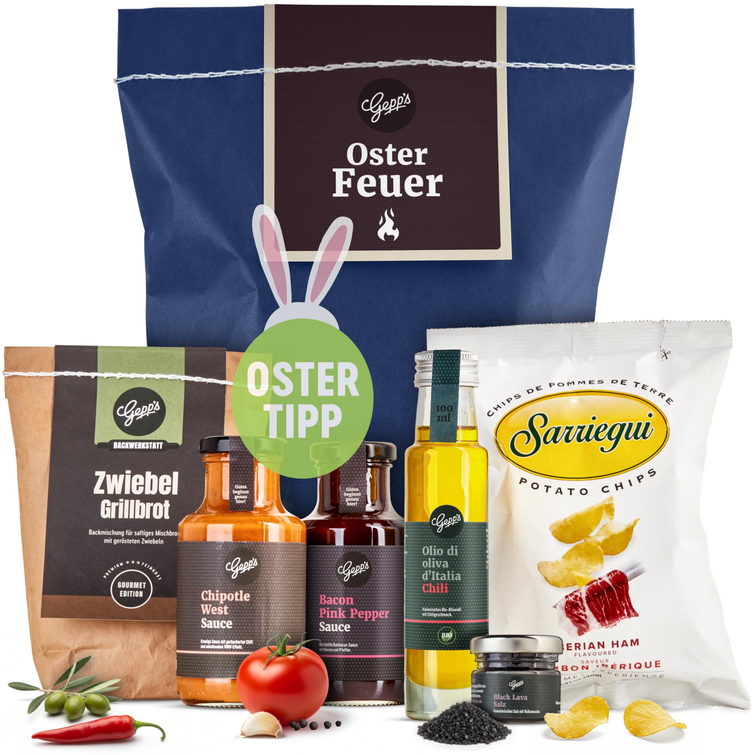 Gepp’s Feinkost Wundertüte Osterfeuer I Gefülltes Ostergeschenk mit Delikatessen zum Grillen I Kleine Überraschung leckeren Grillsaucen und Brotbackmischung I Geschenk für Männer, Papa & Bruder