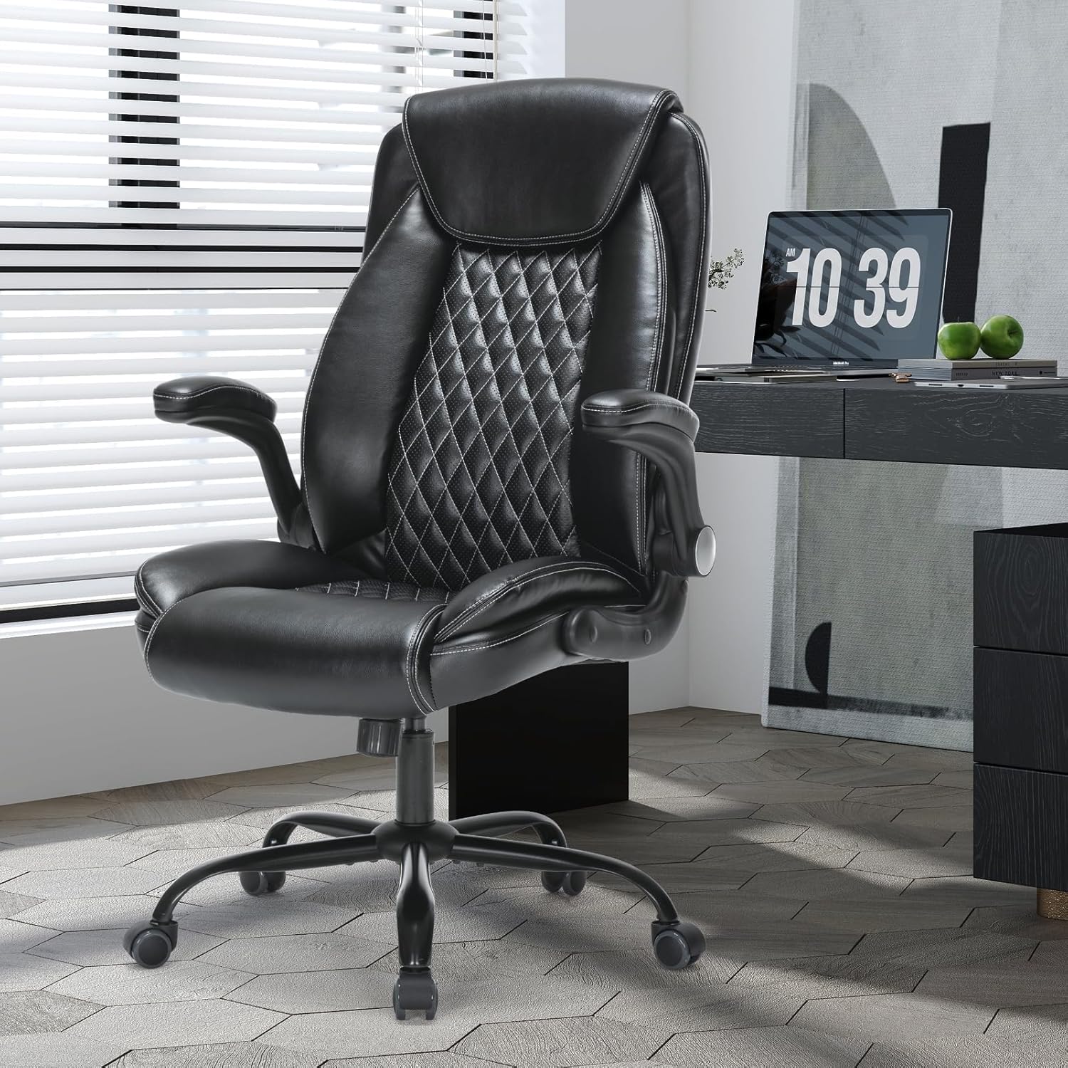 Heavy-Duty Executive Office Chair with Ergonomic Design, 300LBS PU Leather Chair with Adjustable Lumbar Support, 360° Swivel, Reclining Backrest, and Flip-Up Armrests for Big and Tall People(Black) product image