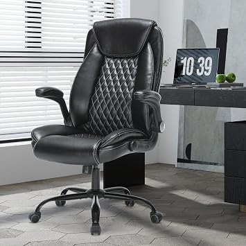 Heavy-Duty Executive Office Chair with Ergonomic Design, 300LBS PU Leather Chair with Adjustable Lumbar Support, 360 Swivel, Reclining Backrest, and Flip-Up Armrests for Big and Tall PeopleBlack
