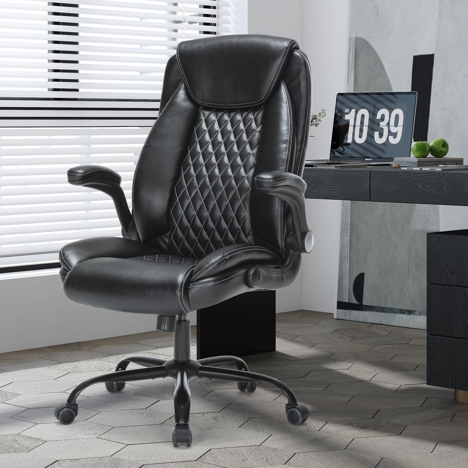 Heavy-Duty Executive Office Chair with Ergonomic Design, 300LBS PU Leather Chair with Adjustable Lumbar Support, 360° Swivel, Reclining Backrest, and