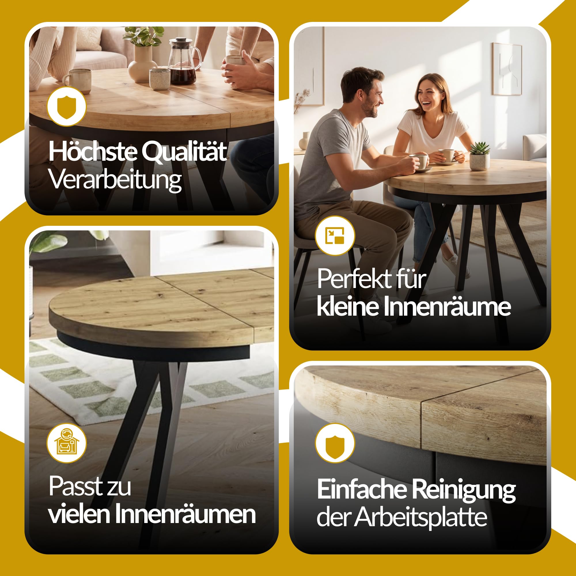 Esstisch Ausziehbar Evo, Stabile Konstruktion, 120-220cm, Graphit | Runder Tish, Moderner Wohnzimmertisch und Küchentisch, Schwarze Beine