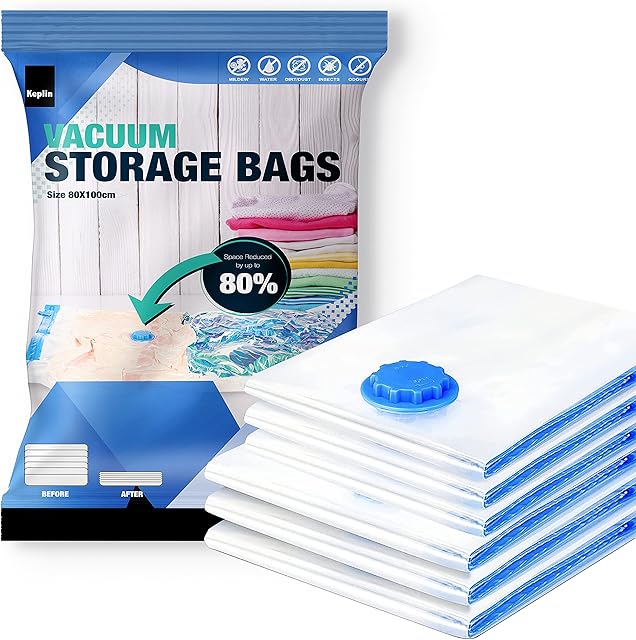KEPLIN Vacuum Storage Bags | Maximise Space and Store Clothes, Bedding, Towels, Duvet & Pillow | Space Saver Air Suction Bag with Secure Double Zip + Valve | 6 Pack X-Large (80cm x 100 cm)