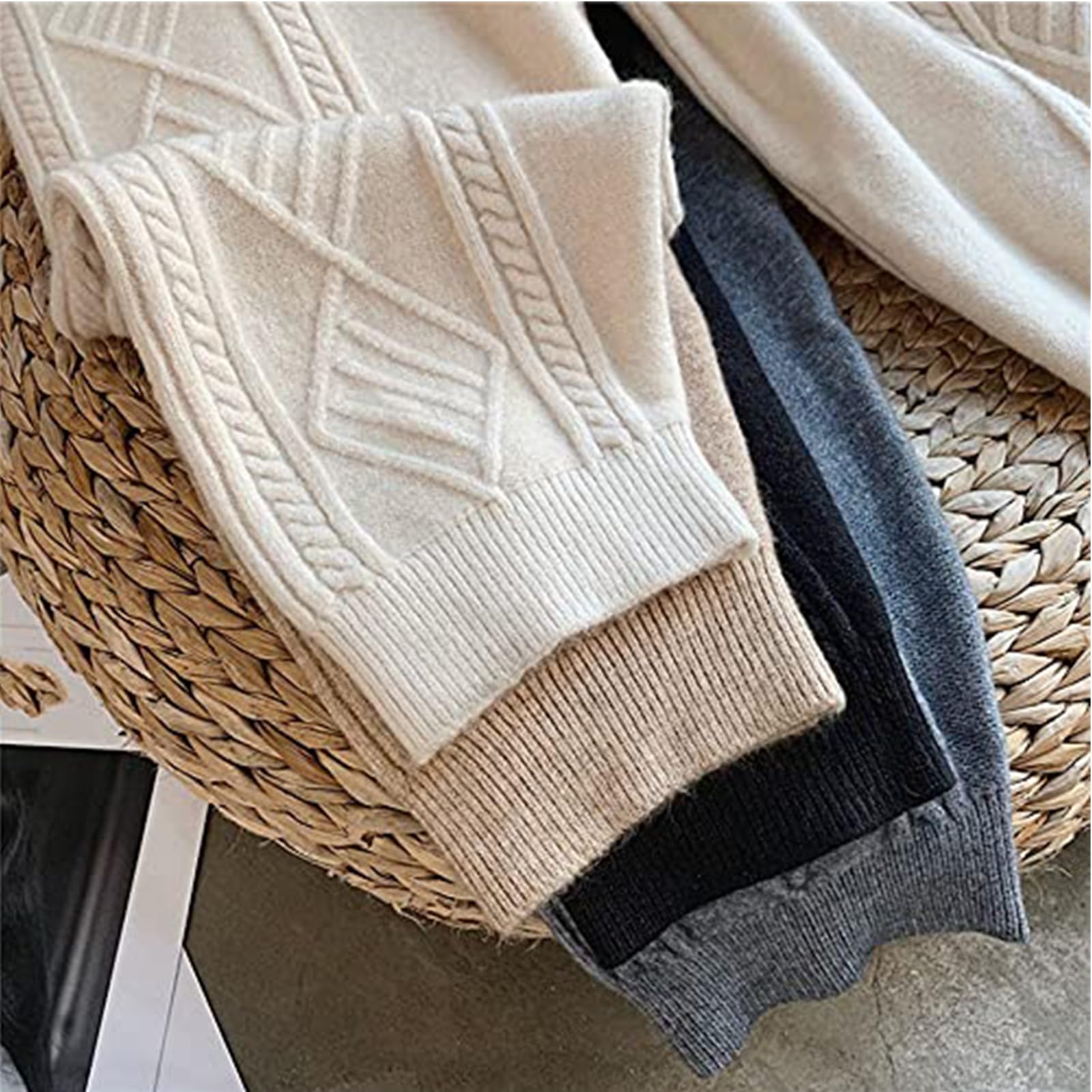 Pantaloni Larghi Da Donna - Pantaloni Harem Ispessiti Da Donna Invernali Coulisse Retrò Coulisse Casual Pantaloni In Maglia Ritorta Pantaloni Caldi Maglione Pantaloni Gamba Dritta Sottile Semplice
