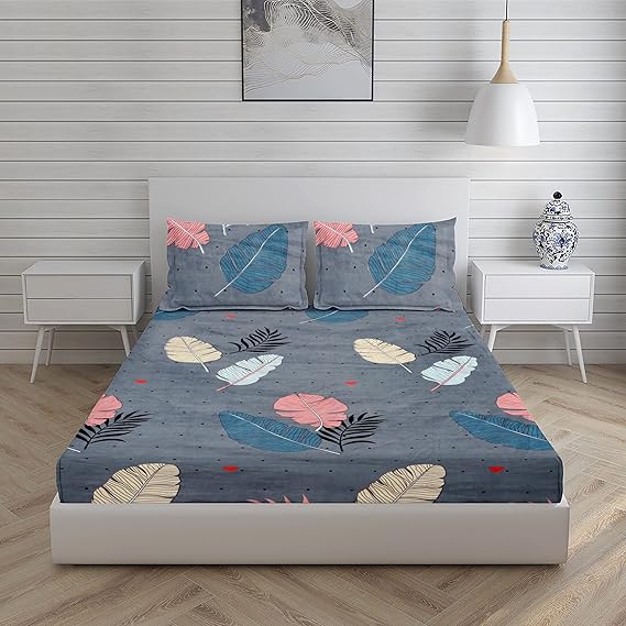 Nt@ub Cotton Feel Glace Cotton All Around Elastic Fitted Printed King Size Double Bed Bedsheet with 2 Pillow Cover (72