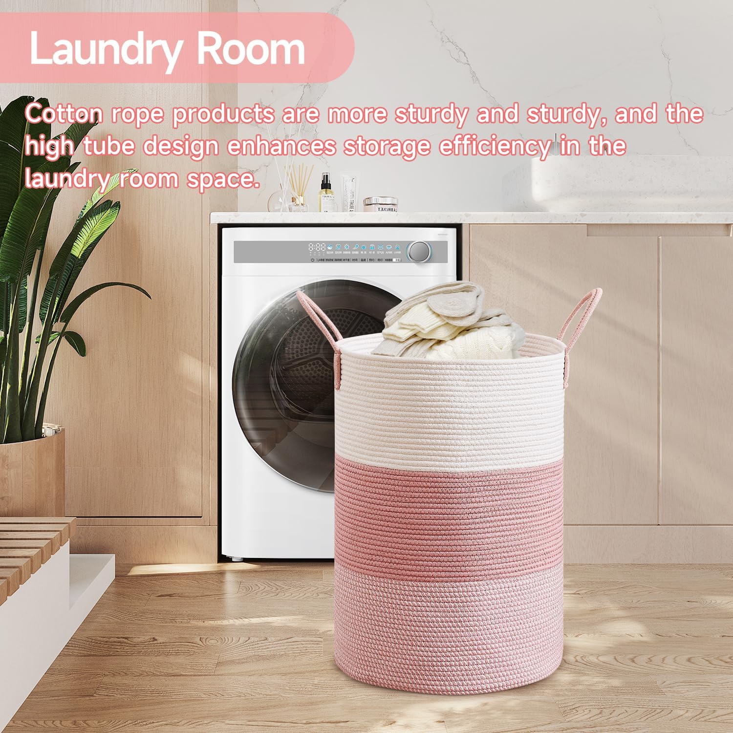 CLHMILY&Z 80L Laundry Basket Round Storage Rope Basket - 16.5x22.5 Inches - Pink Hamper in Bedreoom and Cute Storage Bin for Blankets, Toys, and Nursery Essentials - Image 2