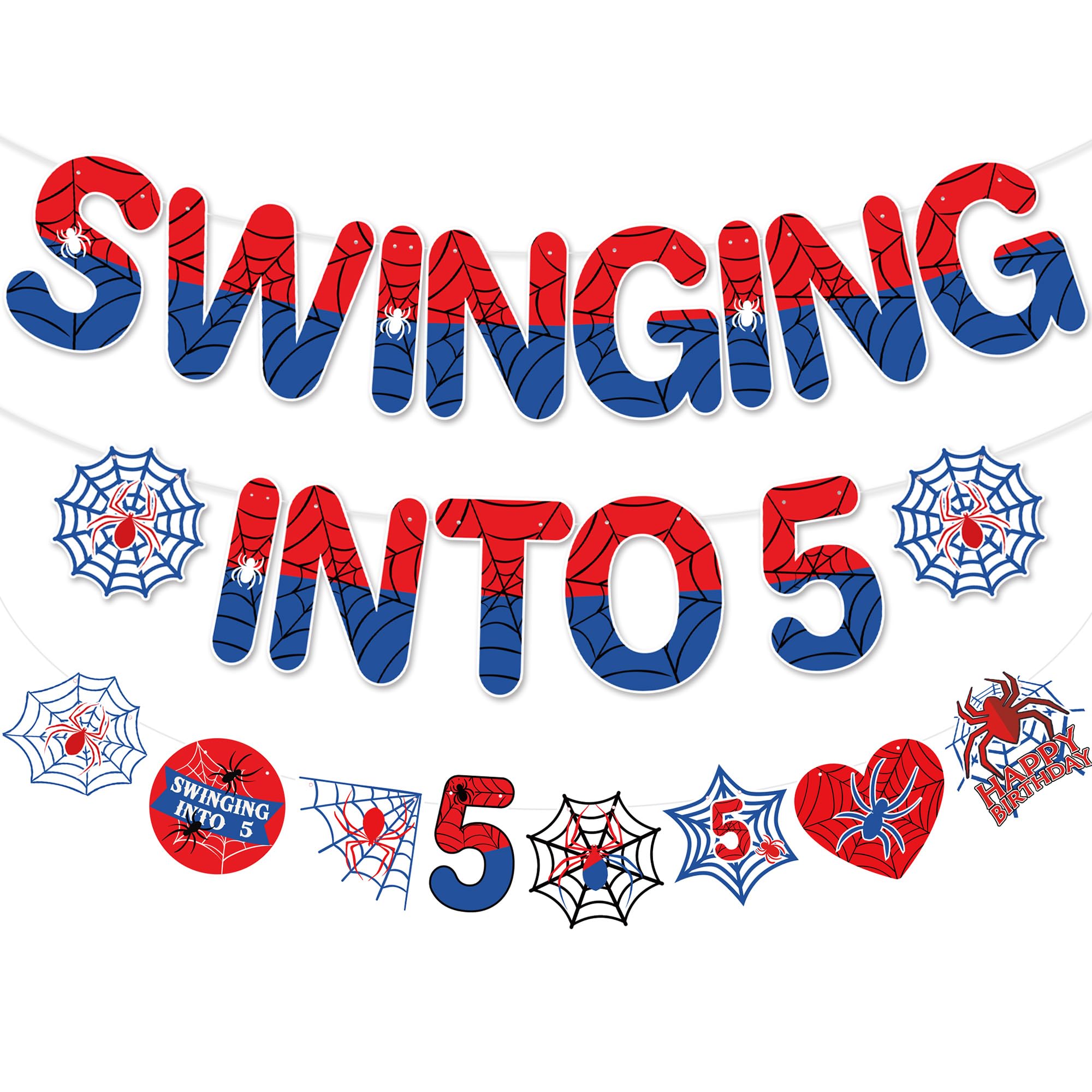 Spider 5th Birthday Decorations Banner, Swinging into 5 Banner Garland