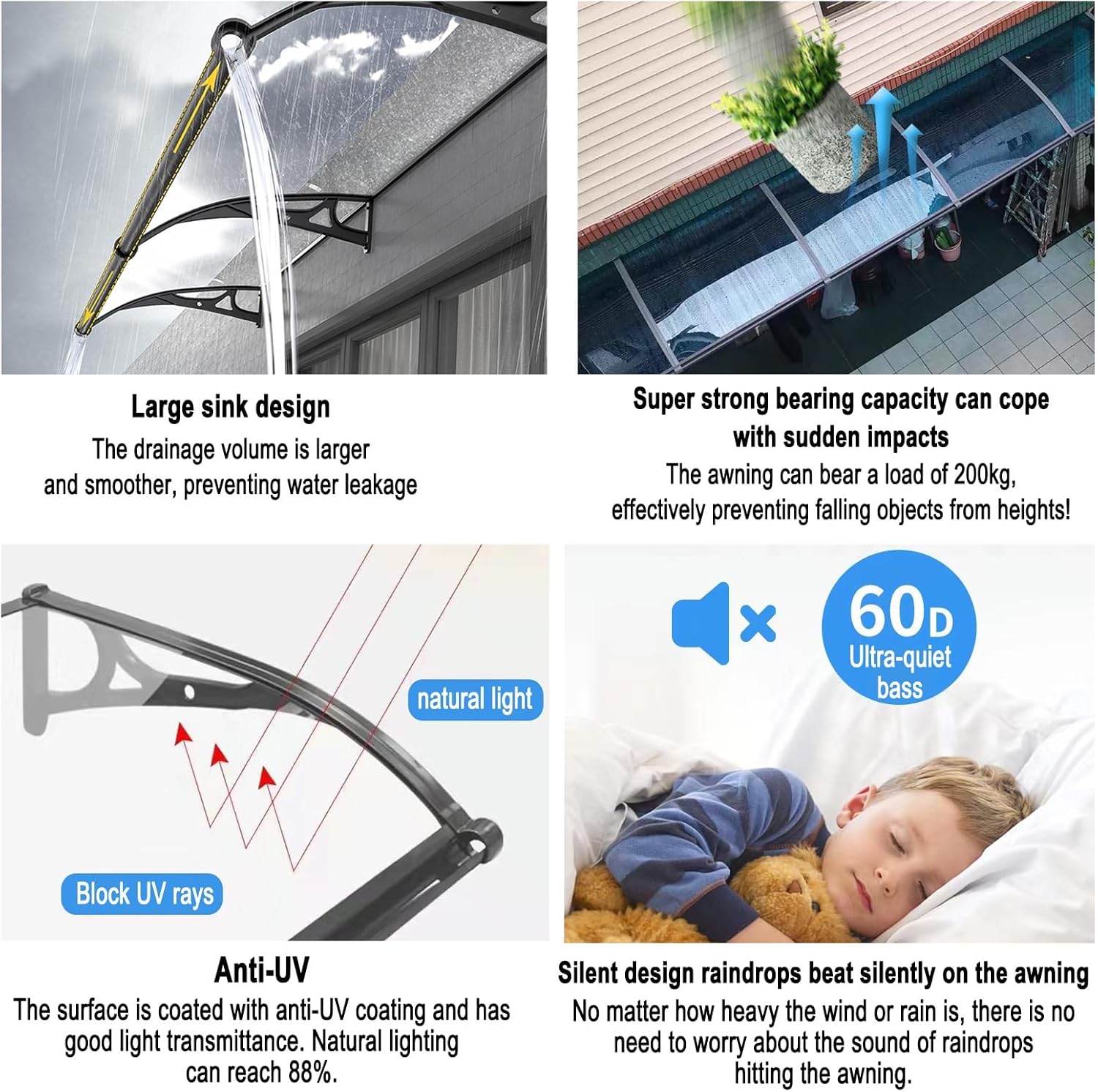 PC Endurance Board（with aluminum alloy brackets）,UV Protection Rainproof Outdoor Awning Covers,entry door awning,window canopy awning,outdoor awnings for patio waterproof,door awnings exterior(80x280c