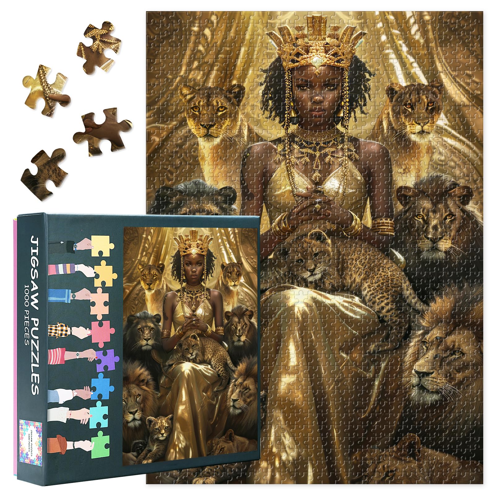 1000-Piece Black Girl Jigsaw Puzzle for Adults, Beautiful African Woman in Golden Dress & Crown with Lion Cubs, Impossible Challenging Puzzle,