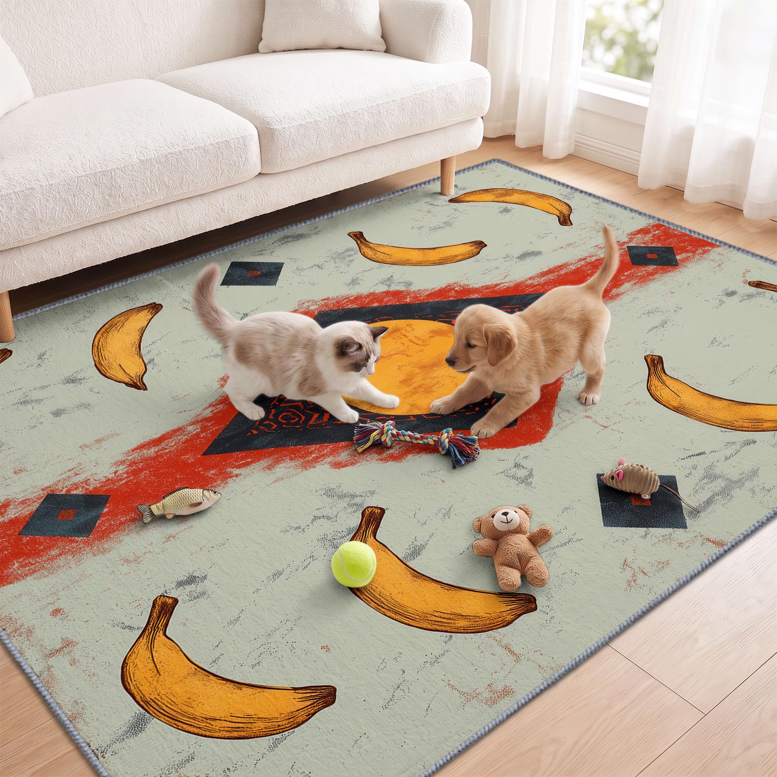 Générique Bananes Soleil Tapis Salon 120x176 cm, Lavable en Machine AntidéRapant Poil Ras Minimaliste Industriel Moderne Vieilli Tapis, pour Chambre Salle a Manger Descente de Lit Bureau Cuisine