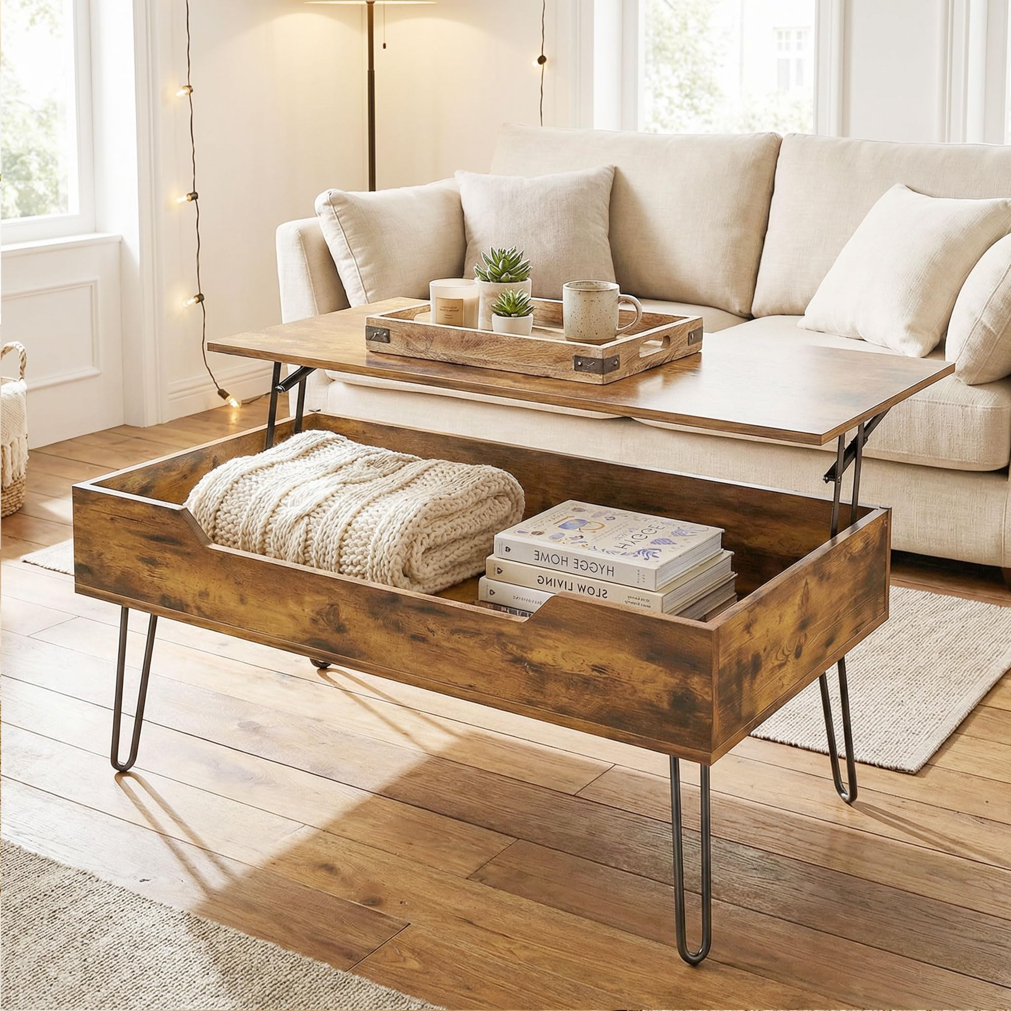 HOMCOM Mesa de Centro Elevable, Mesa de Café para Salón con Compartimento Oculto, Patas de Acero para Sala de Estar, Comedor, 95x50x40 cm, Marrón Rústico