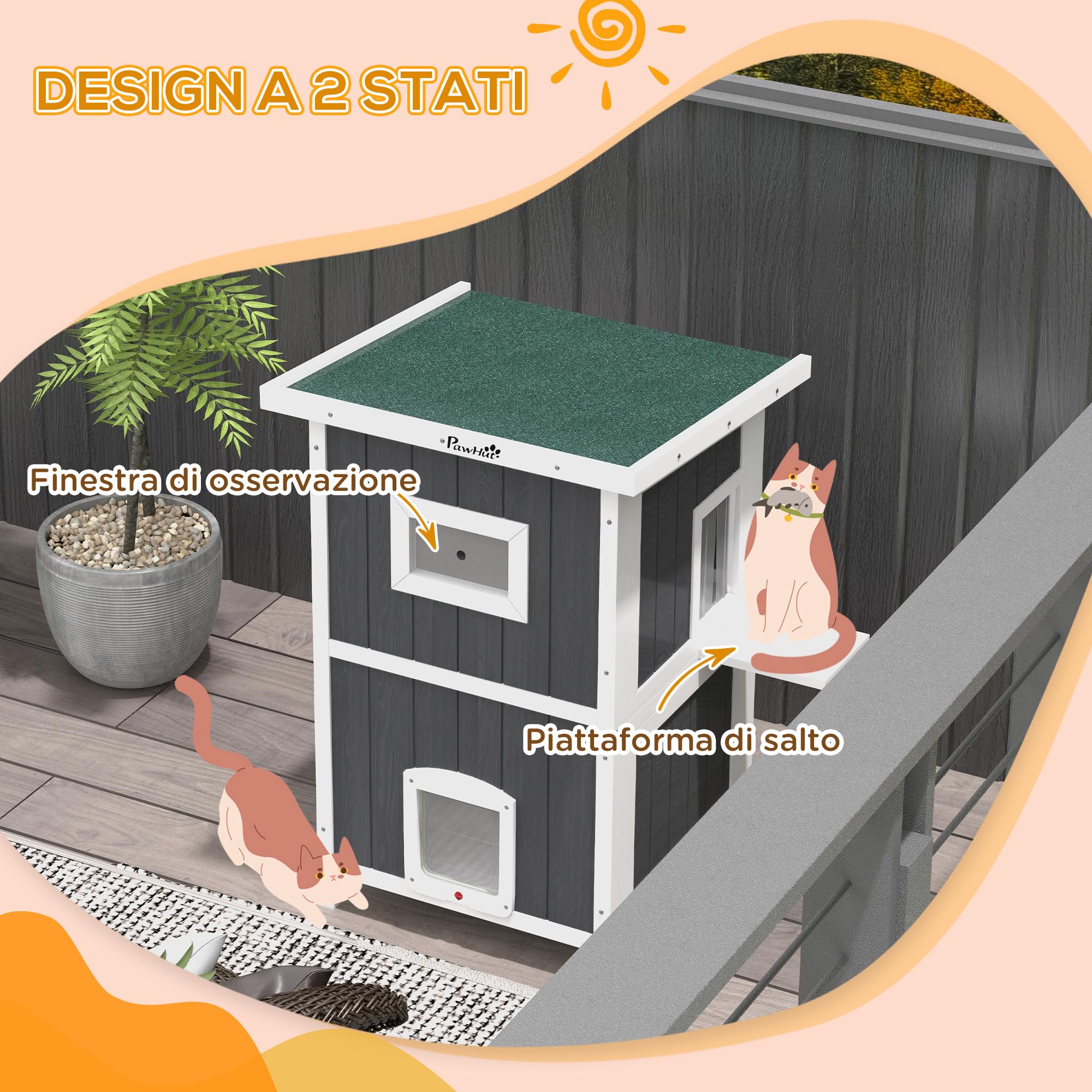 PawHut Cuccia Gatto Esterno in Legno di Abete a 2 Piani, Casetta per Gatti da Esterno con Tetto Apribile e Impermeabile, 60x60x90.5cm