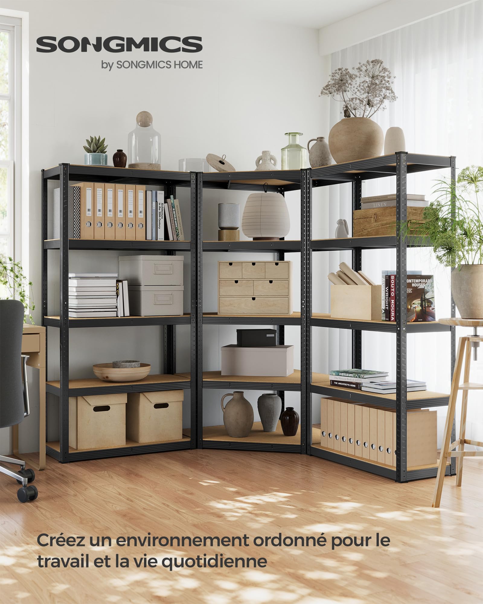 SONGMICS Ensemble d’Étagères d’Angle à 5 Niveaux, Étagères de Rangement en Acier, Charge Lourde, Garage, Entrepôt, Capacité de Charge 2625 kg, Noir d'encre et Beige Naturel GLR070B03 | Étagère de rangement pour garage, salle de rangement, cave GLR070B03