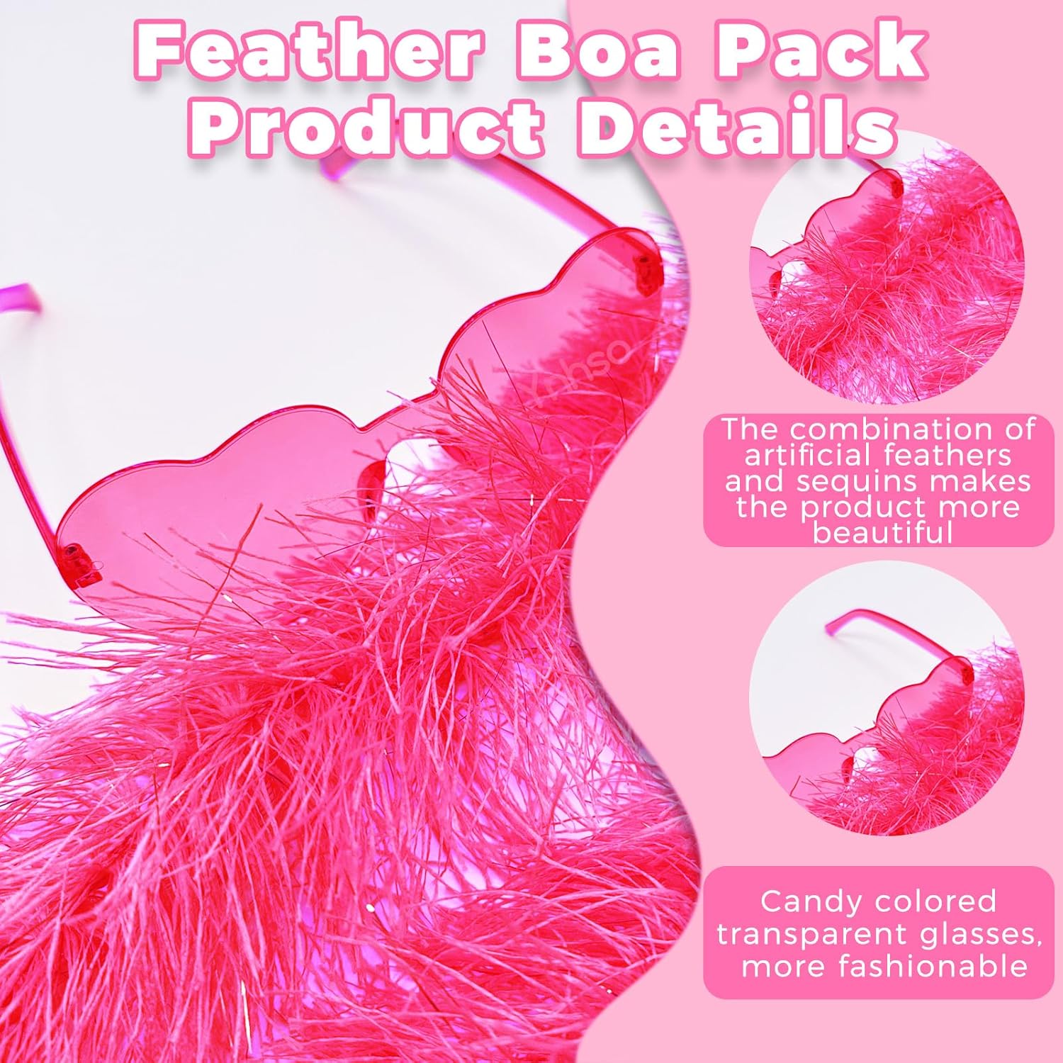 12PCS Feather Boas Party Pack with 6 Artificial Feather Boas 6.6ft and 6 Heart Sunglasses for Birthday Christmas Party - Image 3