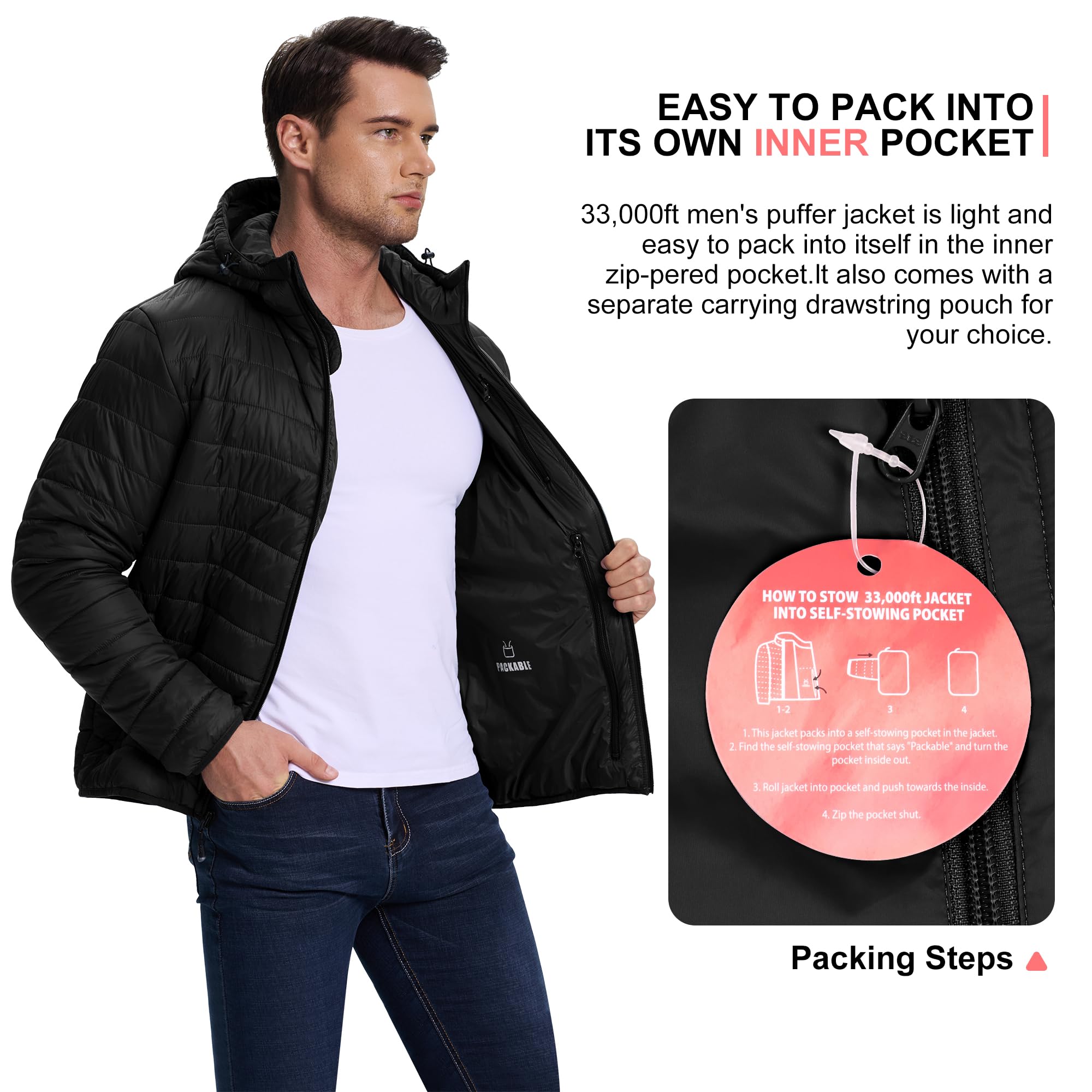 33,000ft Chaqueta acolchada ligera para hombre, chaqueta de entretiempo resistente al agua, cálida chaqueta de invierno para hombres, con capucha, abrigos de invierno, chaqueta amortiguadora plegable