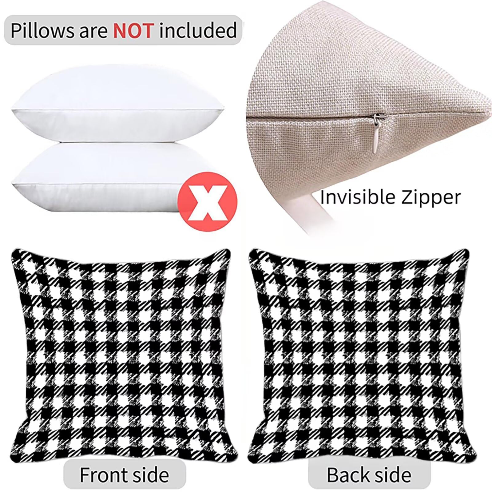 Kissenbezug 60x60 cm Netz 4er Set Sofakissen Superweichem Doppelnähten Versteckter Reißverschluss Schwarz und Weiß Outdoor Kissen Leinen gelten für Terrassen-Gartenbank Wohndeko Schlafzimmer Sofa Z-1