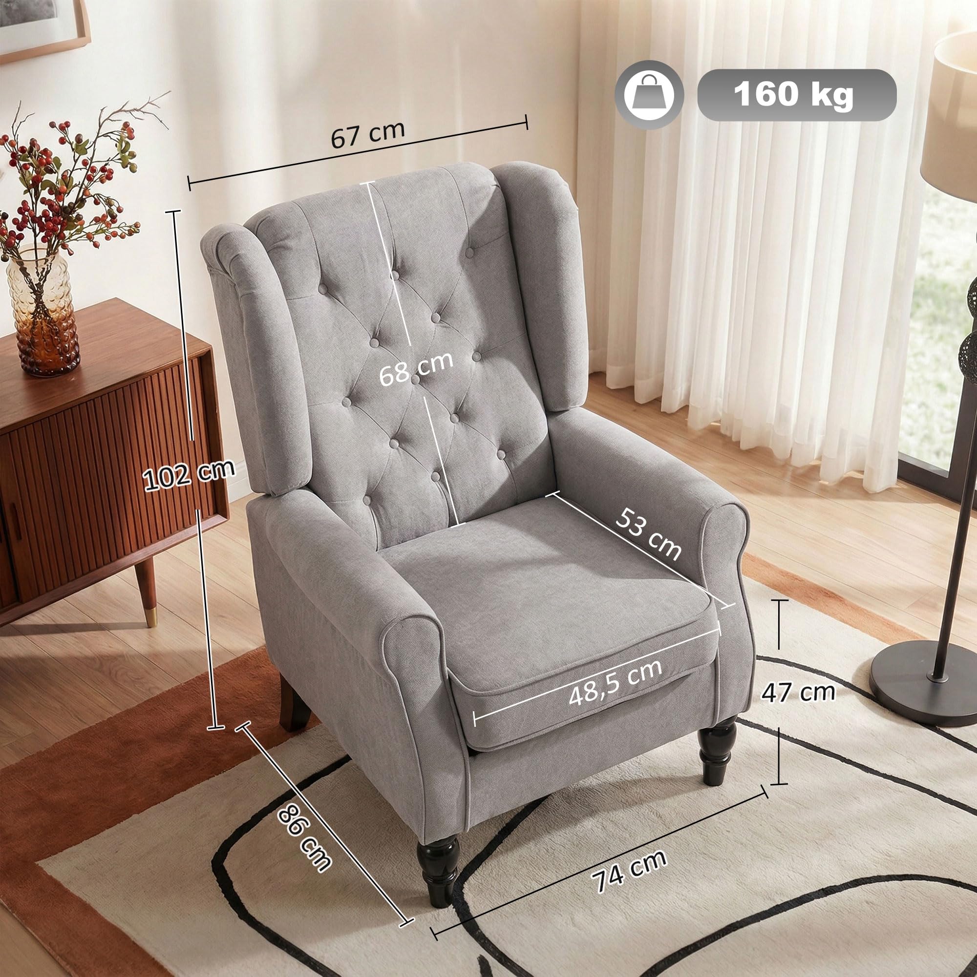 HOMCOM Sessel Ohrensessel mit Armlehnen, Loungesessel mit Kissen, Tufting, hoher Rückenlehne Armlehnensessel mit Holzbeine, Relaxsessel für Wohnzimmer, Schlafzimmer, Braun