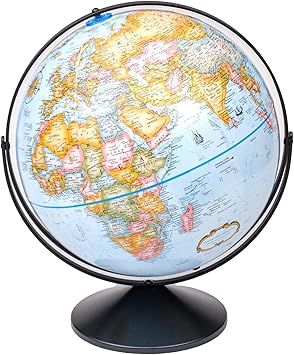 Replogle Eureka 16 inch desktop globe with up to date antique raised relief map and full swing gyromatic assembly. The beautiful blue ocean globe ball has vast amounts of up-to-date information will peak the interest of any geographical connoisseur of all ages. This sturdy globe features over 4000 place names and political boundaries.