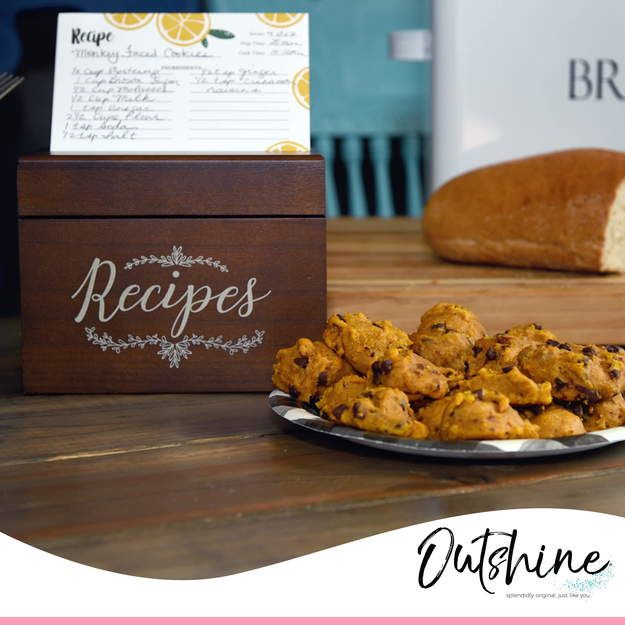 Buy Outshine Brown Wooden Recipe Box with Cards and Dividers Farmhouse Wood Recipe Card Box