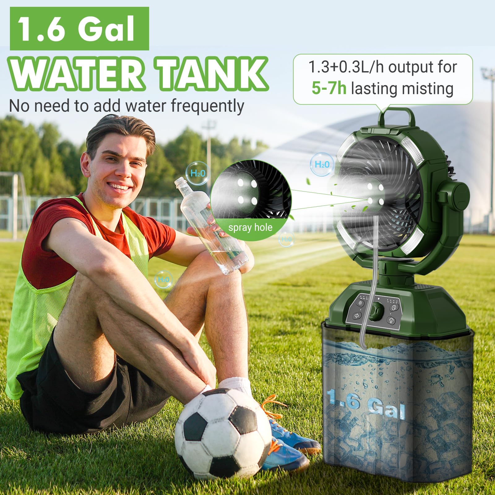 Ventilador de camping con cubo 6L y LED, 20000mAh Battery Portable Misting Fan, 3 modos de nebulización, oscilación vertical 45°, ventilador de nebulización para acampar/pesca/viaje, verde