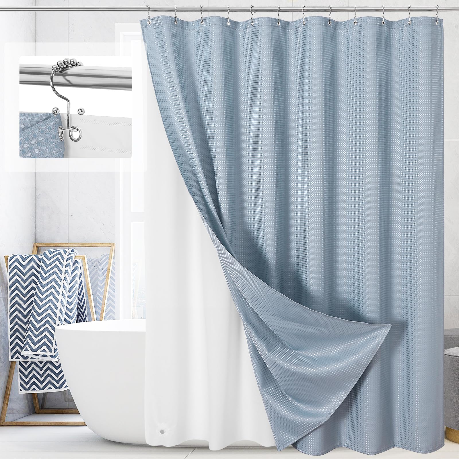 Craidlela Fog Blue Waffle Shower Curtain Set with PEVA Liner