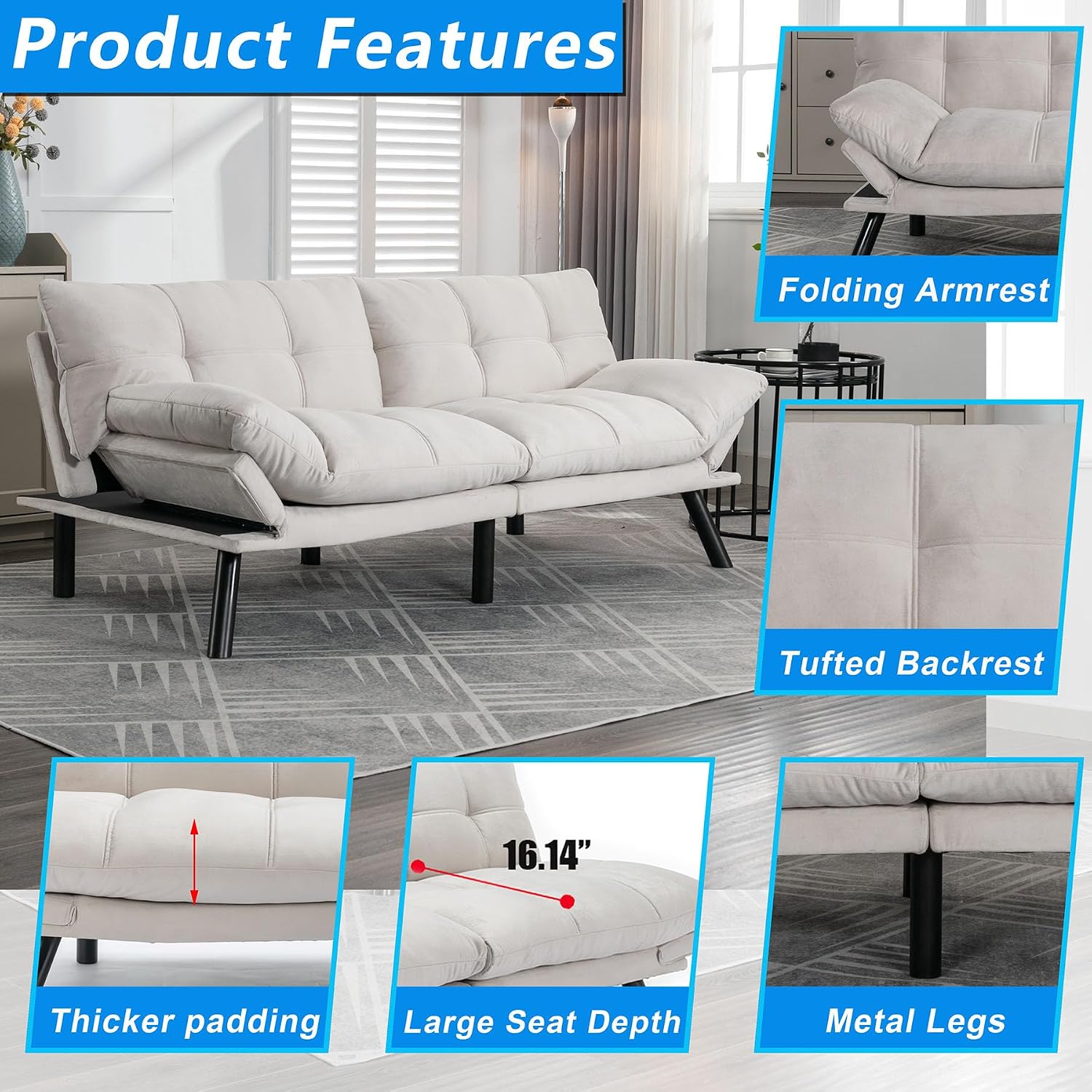 71" Velvet Futon Couch Bed with Mattress Included,Convertible Folding Sleeper Sofa Bed with Adjustable Backrests,Modern Loveseat Sleeper for Living Room Bedroom Small Space Home Office (Cream)