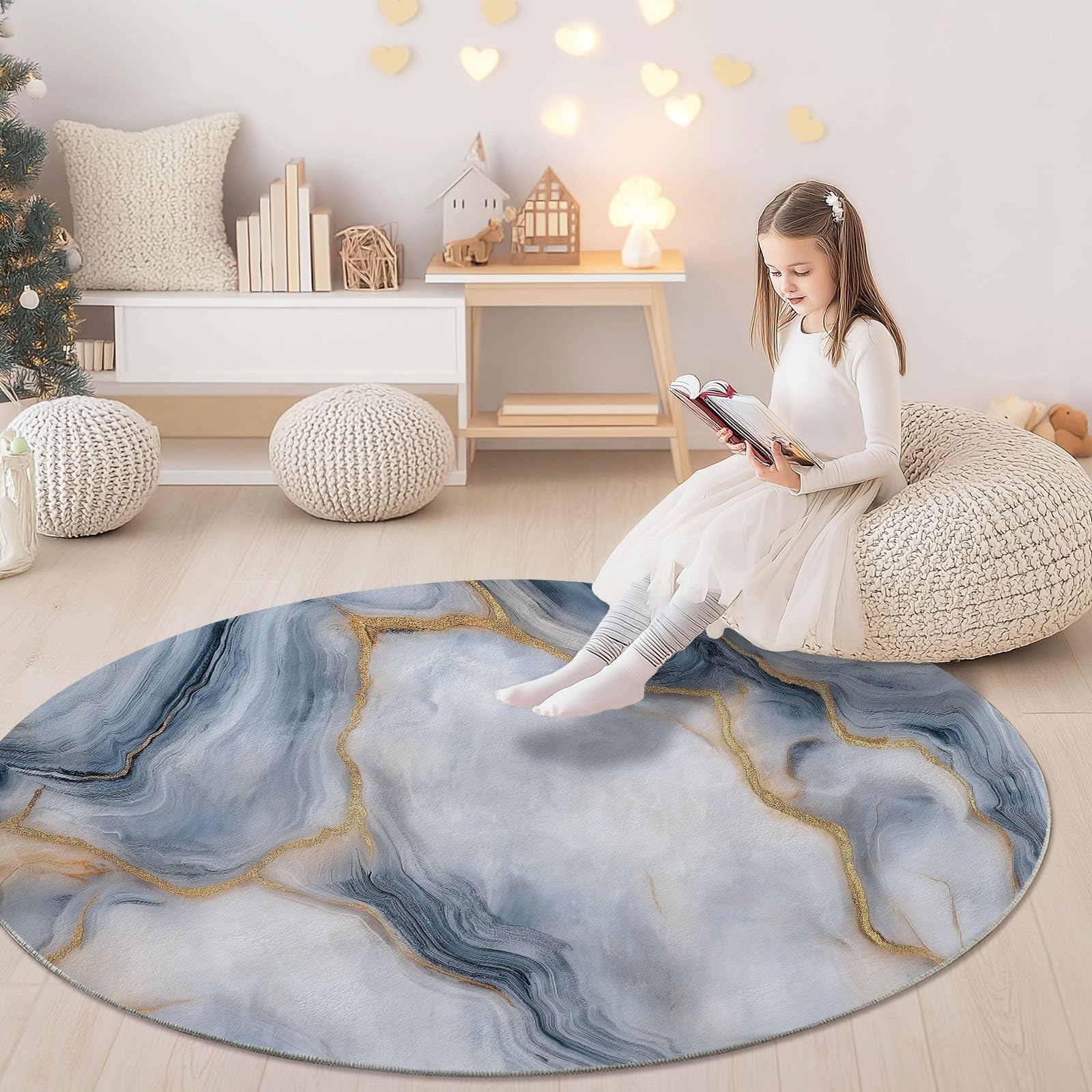 Tappeto Rotondo Moderno e Minimalista Effetto Marmo, 120 cm, Grigio, per Soggiorno, Area Circolare con Retro Antiscivolo, Lavabile, Morbido Tappeto Stampato per Camera da Letto, co