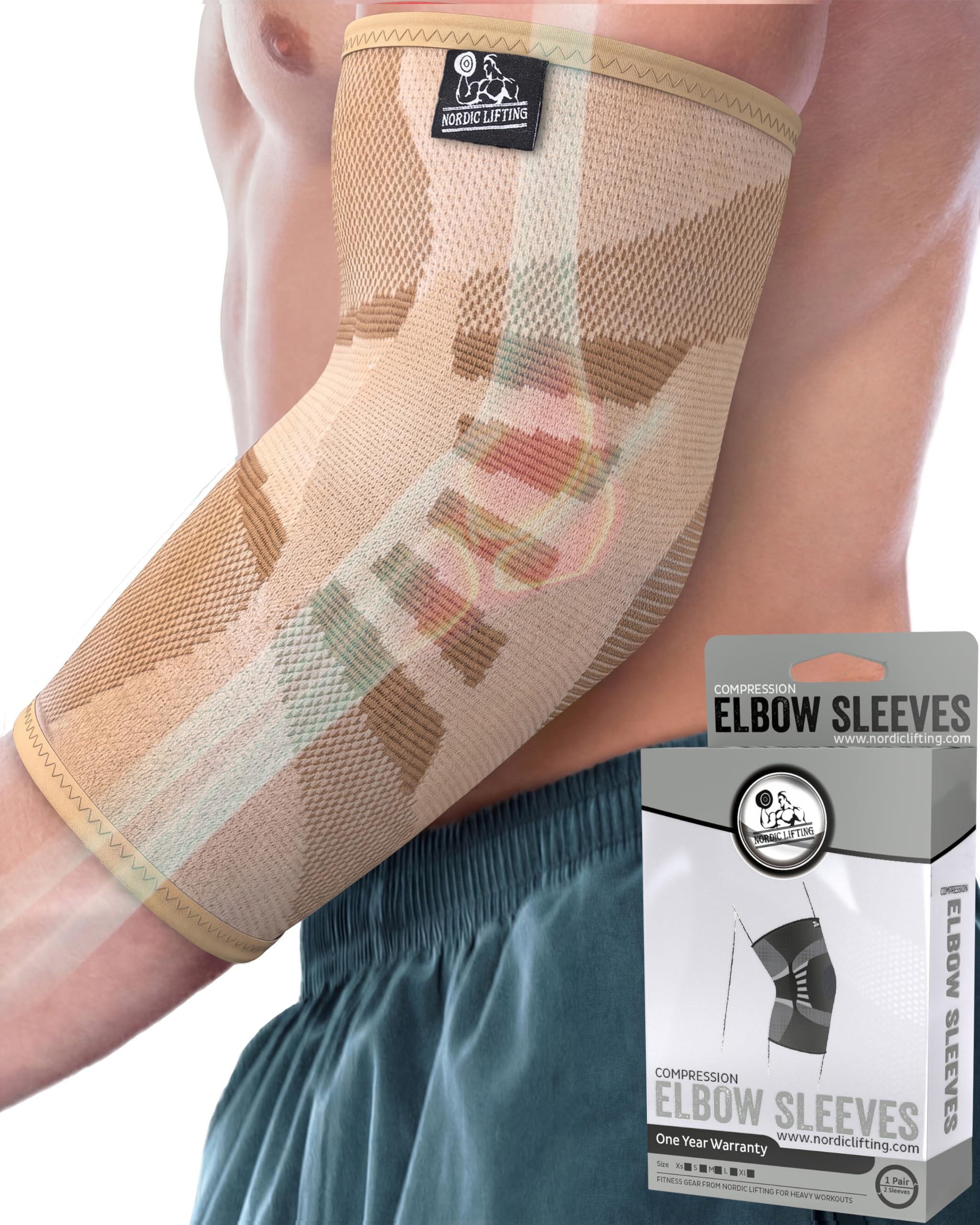 Nordic Lifting Manchons de compression pour homme et femme – Pour soulager la douleur, les tendinites, les golfeurs et le tennis, l'haltérophilie pour entraînement et récupération (2, beige sable