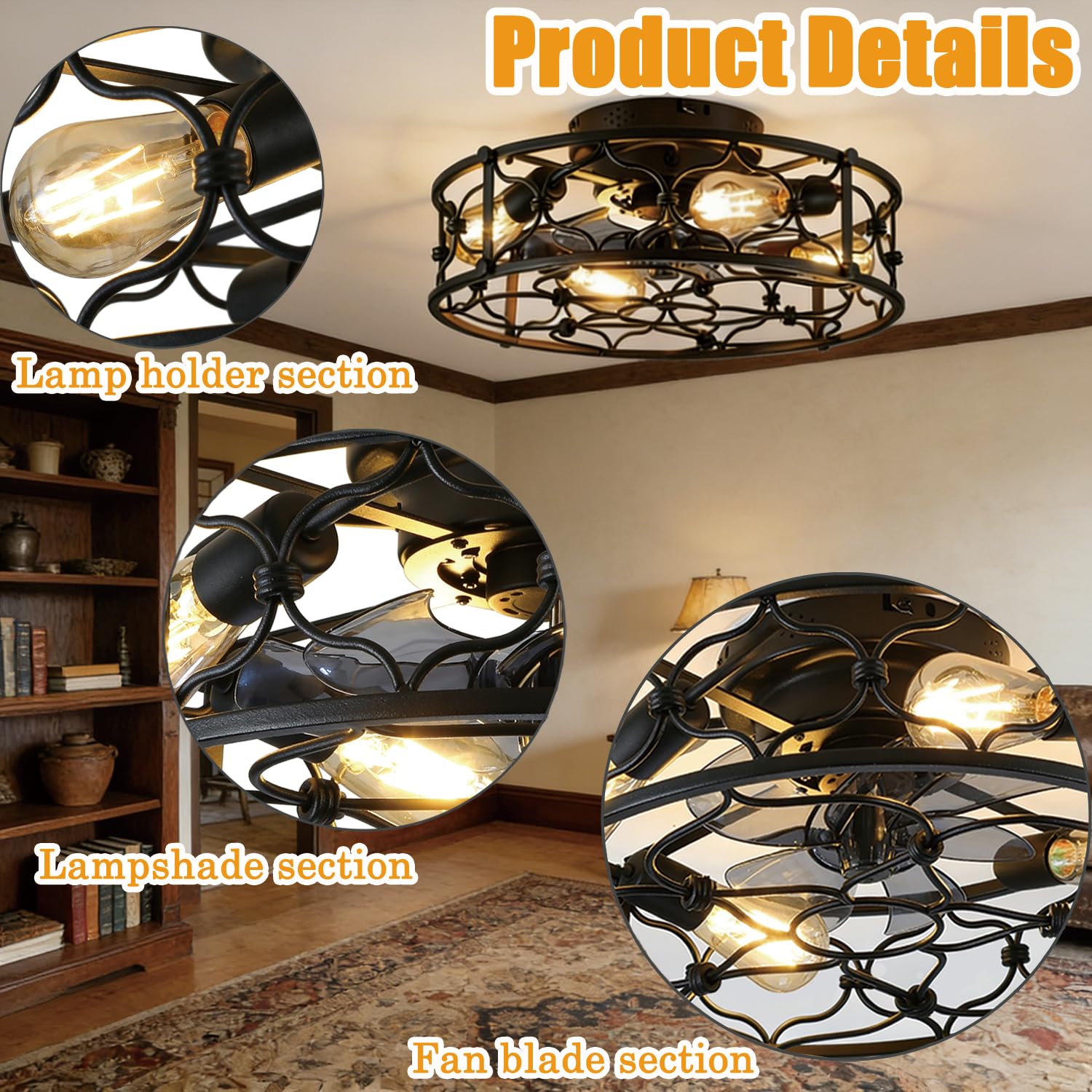 Deckenventilator Mit Beleuchtung, 50cm Retro Industrial Stil Deckenventilatoren mit Lichtern, E27 mit Fernbedienung, 6 Geschwindigkeiten Ventilator Deckenleuchte, Für Wohnzimmer Schlafzimmer