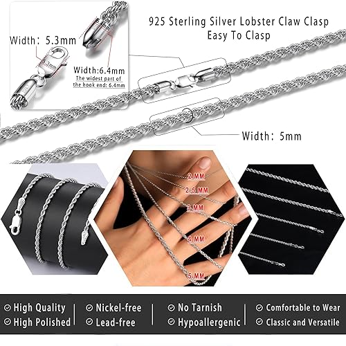 Miniatura 5 de 925 Sterling Silver Clasp Rope Chain 22.5345mm Necklace for Men Silver Link Chain for Women 16-30 Inches