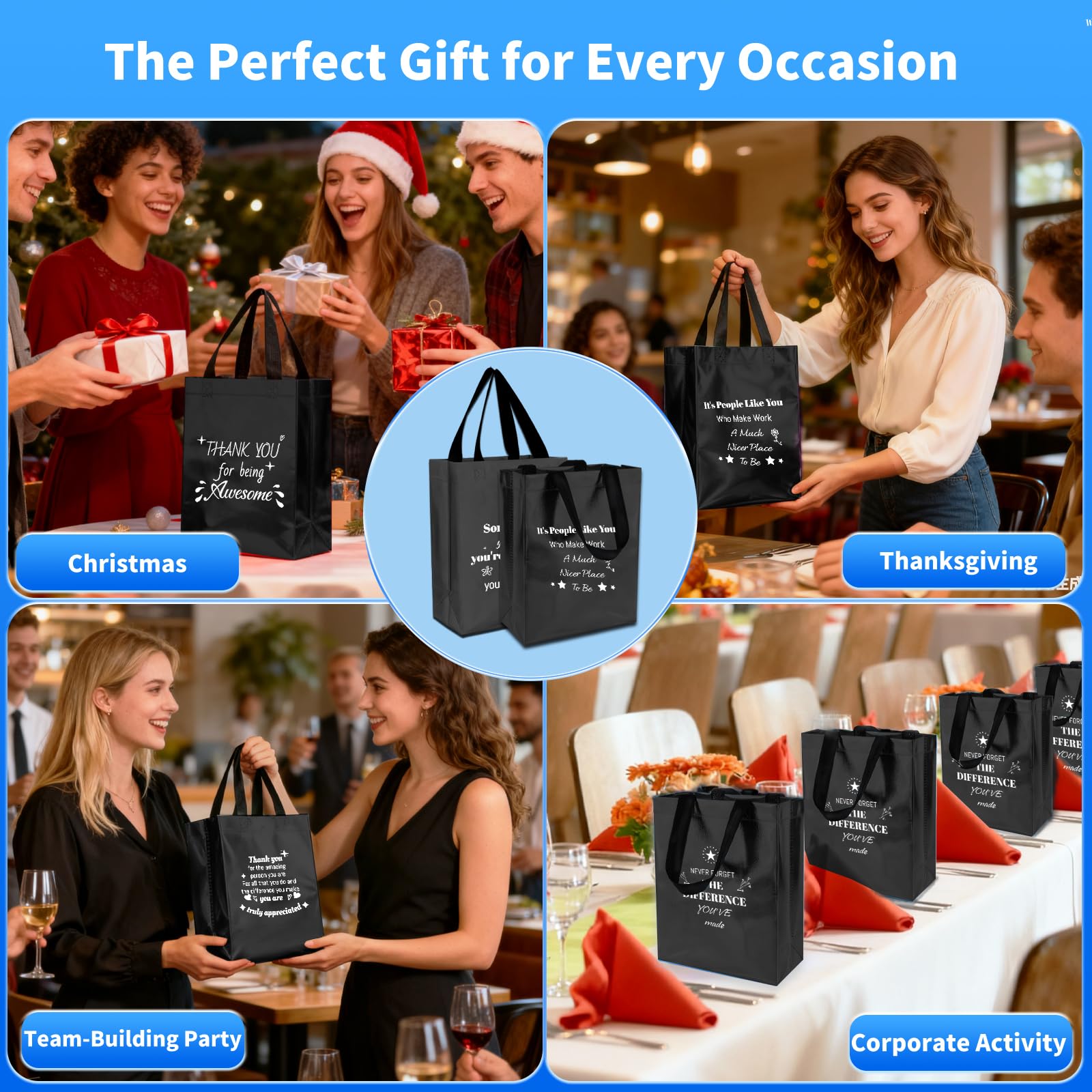40 Pcs Reusable Gift Bags with Handles - Include 20 Iridescent Gift Bags & 20 Tissue Paper - Employee Appreciation Gifts Bulk for Staff, Team, Coworker, Teachers, Nurse, Thank You Gifts (Black)
