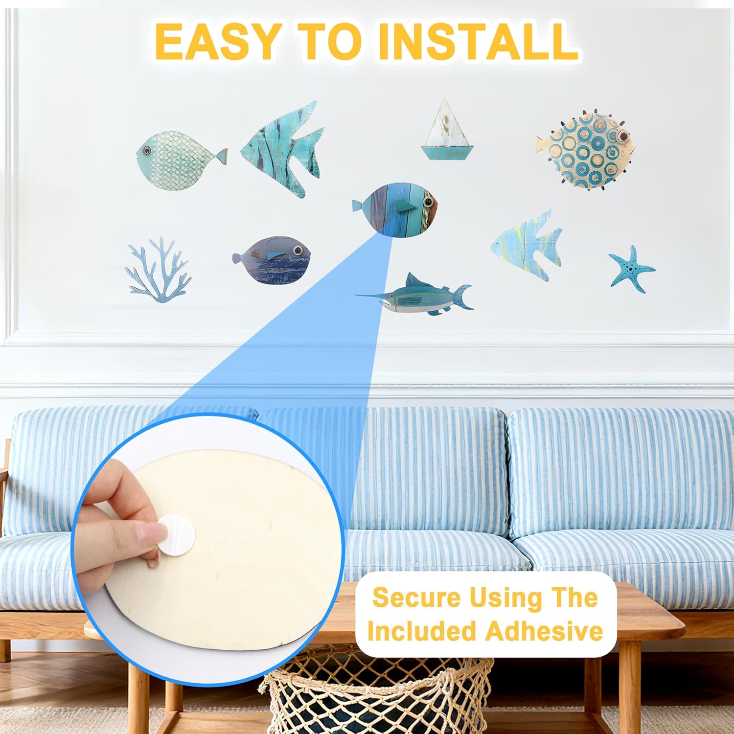 Simaixing 10 Pieces Fish Wall Decor Coastal Theme Wooden Beach House Decor with Adhesive Lake House Wall Art Gift for Home Nautical Fish Art Ornament for Living Room Bathroom (Blue) - Image 4