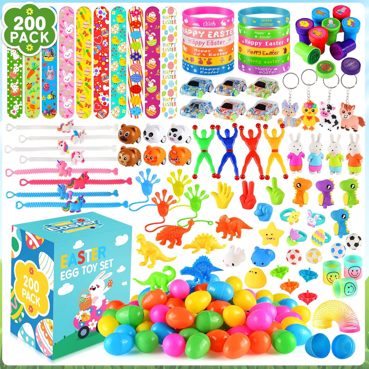 LACCHOUFEE 100Pcs Prefilled Easter Eggs with Toys, Filled Easter Eggs for Basket Stuffers Fillers Includes Assorted Toys Plus Sticky Hands - Kids Boy Girl Party Favors Classroom Prize Supplies