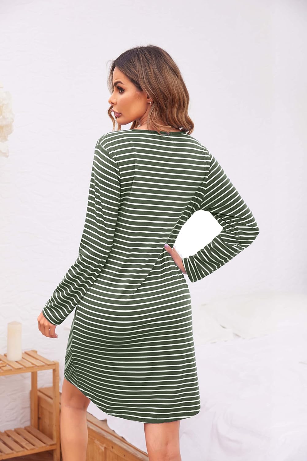 Ekouaer Women's Nightshirt Long Sleeve Button Down Nightgown V-Neck Sleepwear Casual Pajama Dress - Image 4