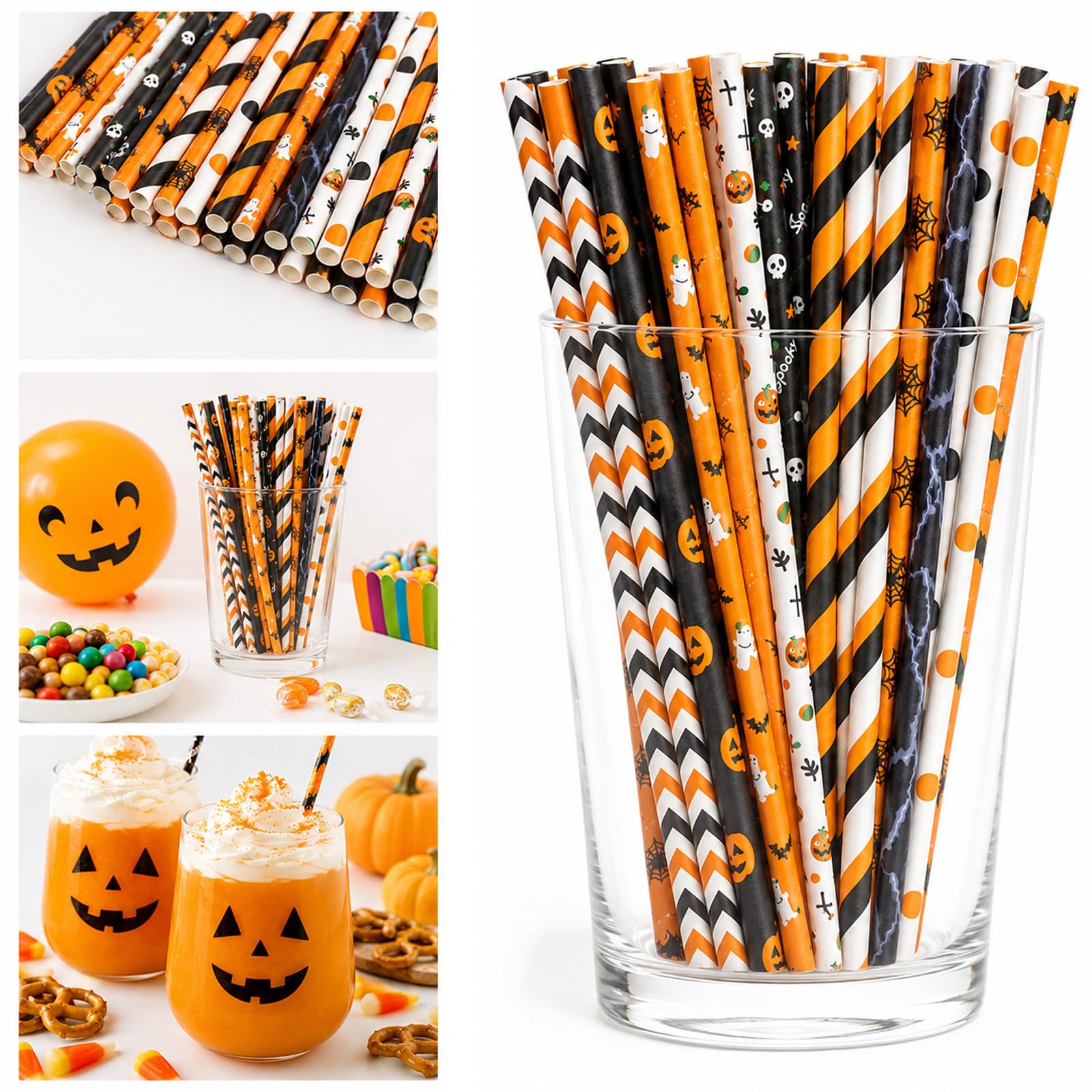 100 Pcs Halloween Straws Halloween Paper Straws Black Orange Stripes Straw