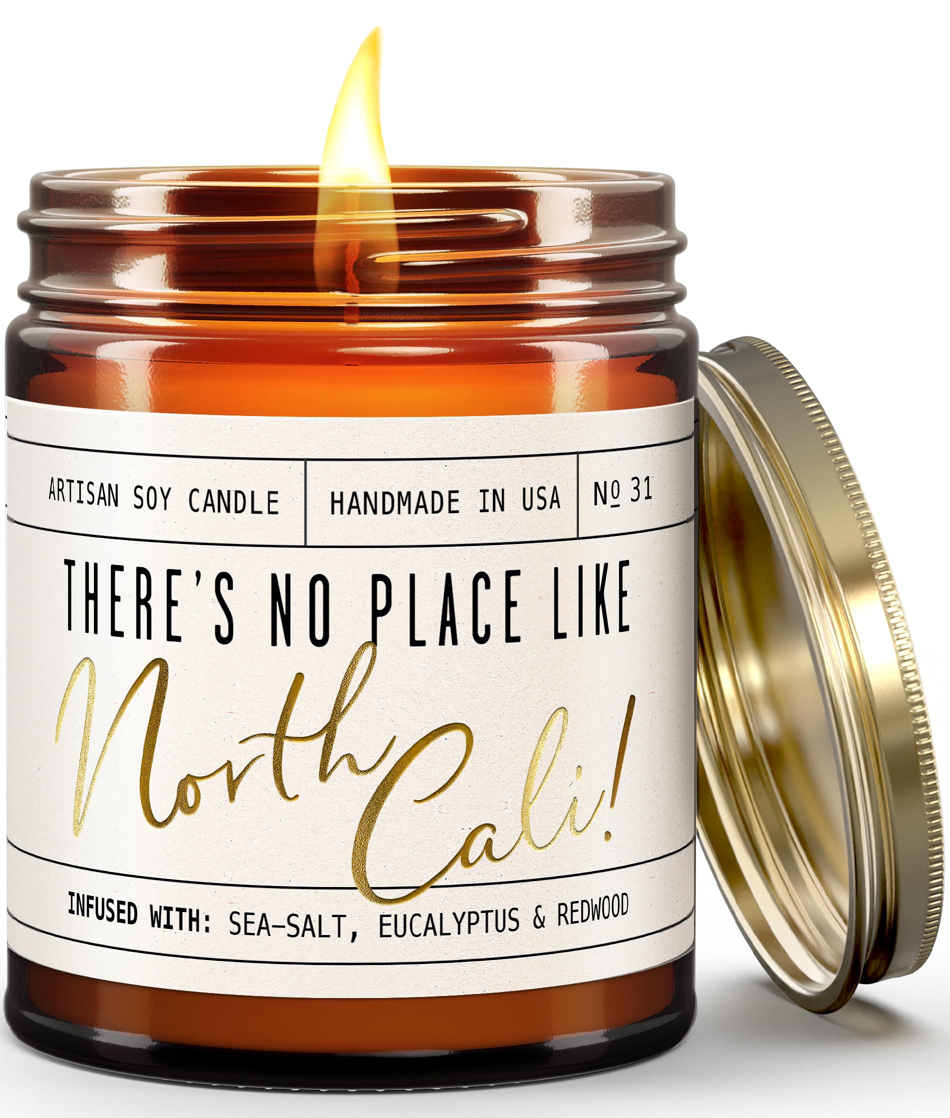 California Gifts, California Decor for Home - 'There's No Place Like North Cali Candle, w/Sea Salt, Sage & Orange I California Souvenirs I California State Gifts I 9oz Jar, 50Hr Burn, USA Made
