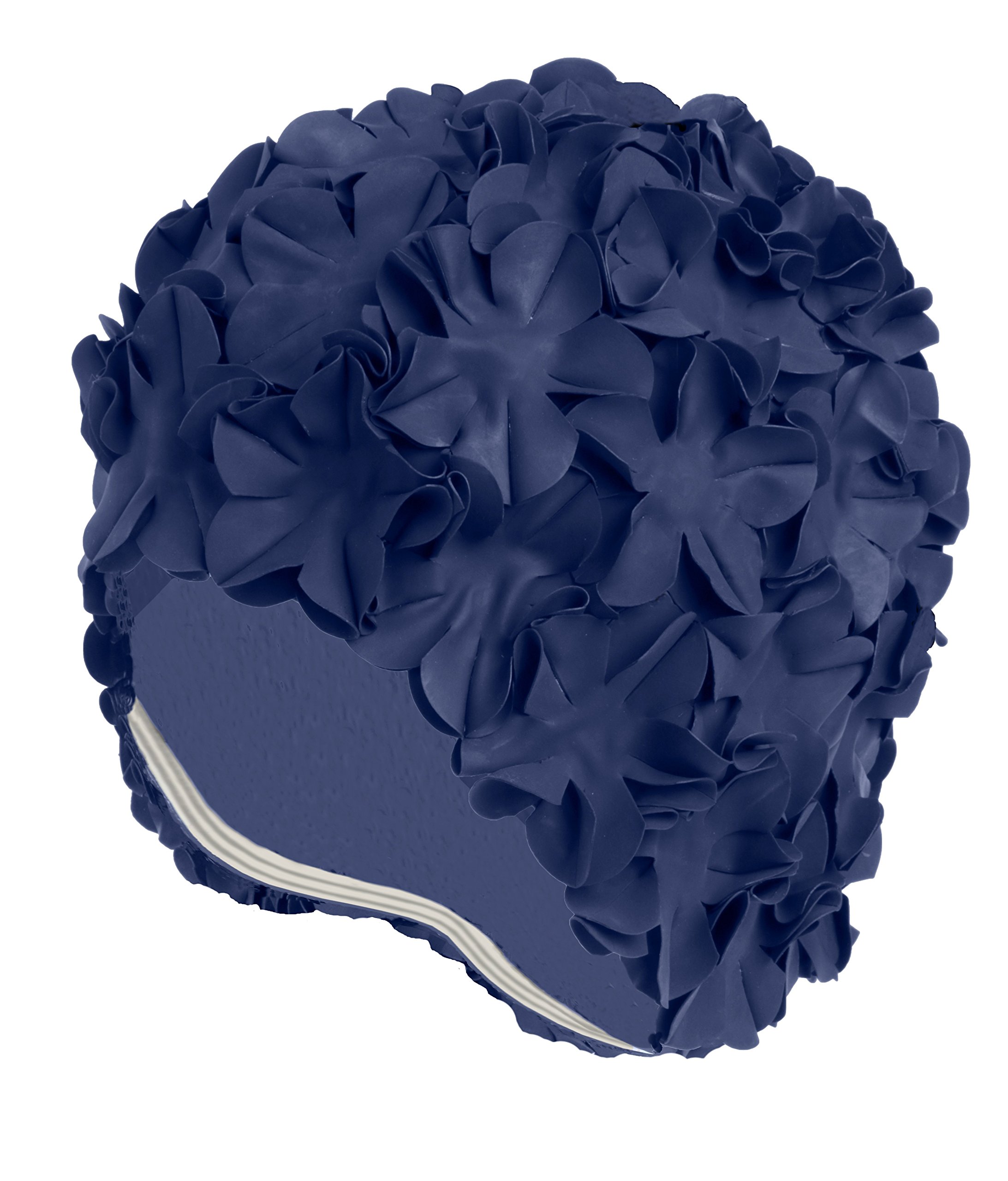 Beemo Latex Swim Cap - Women Stylish Swimming Cap Great for Ladies, Perfect to Keep Hair Dry - Suitable for Long Hair - Floral Petal Vintage Style - Navy