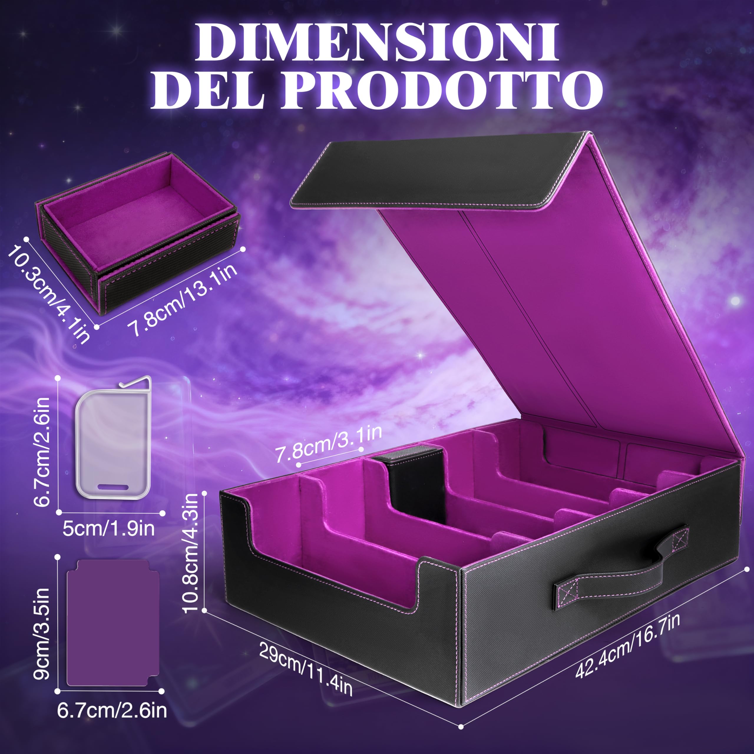 Charmofun Deck Box per Carte, Magnetic Scatola di Carte da Collezione per Oltre 2800+, Porta Deck con Pelle PU e Chiusura Magnetica, 10 Divisori per Carte, 4 Clip Divisorie (Viola, 3000+)