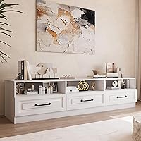 Bobve Rustic Minimalist White TV Stand for 70 Inch TVs - 3 Compartments & Drawers, MDF Console for Living Room Bedroom Apartment