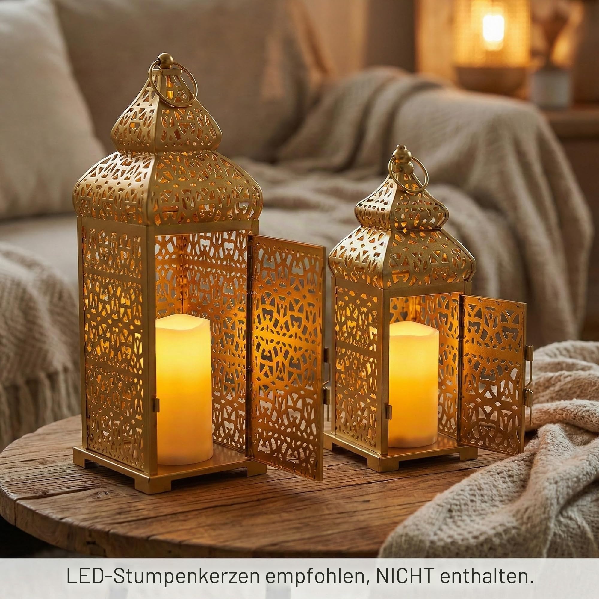 VELA LANTERNS Große goldene Tempel marokkanische Laterne Lampe Dekorative Kerzenhalter für Ramadan-Dekorationen, Hängen, Außenterrasse oder Veranda, Inneneinrichtung, Gold, 2 Stück