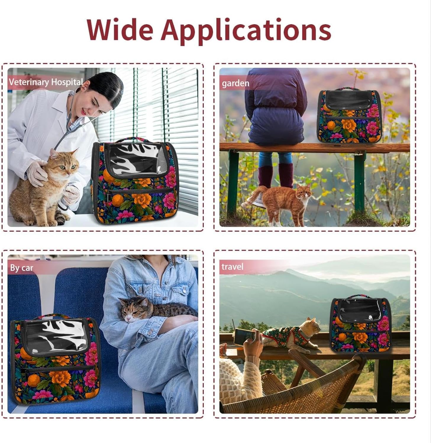 Portable Travel pet Backpack Carrier Hamster Bag Small Dog cat Carrier Breathable Hang Bag, Bohemian Floral