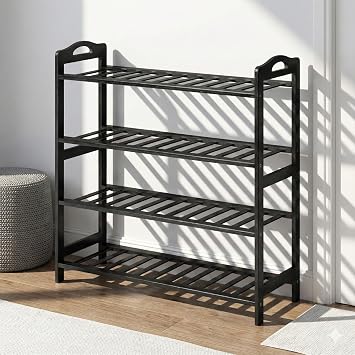 Bamboo Wooden Shoe Rack, Shoe Organizer with Smooth Painted Surface Finishe, Space-Saving Shoe Shelf for Entryway, Living Room, Bedroom Dark, 4-Tier-27x10x29in