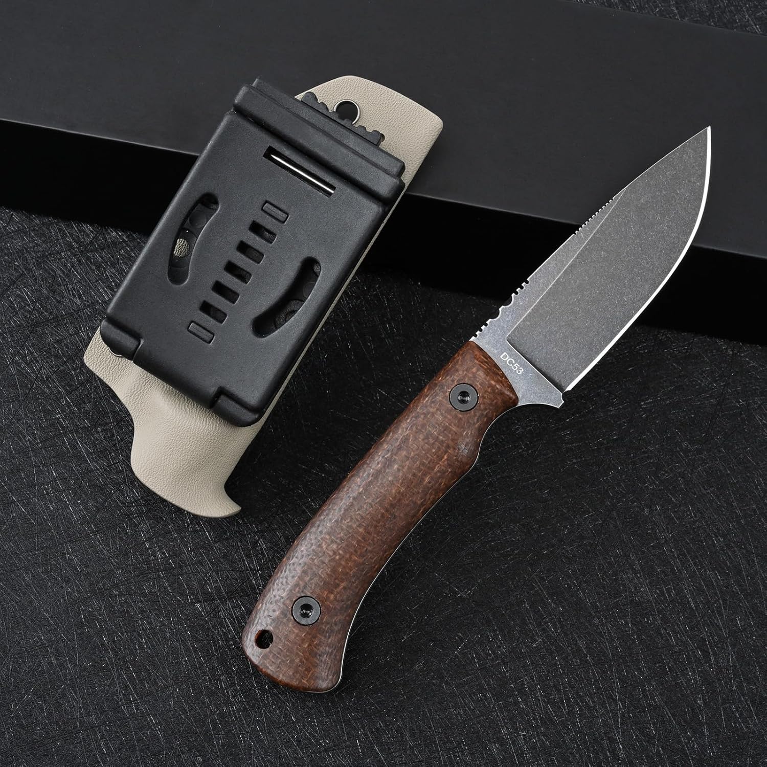 Knives DC53 Steel Tactical Hunting Fixed Blade Knife Micarta Handle with kydex sheath for Men EDC Outdoor Camping Survival (Black stone wash+Micarta handle)