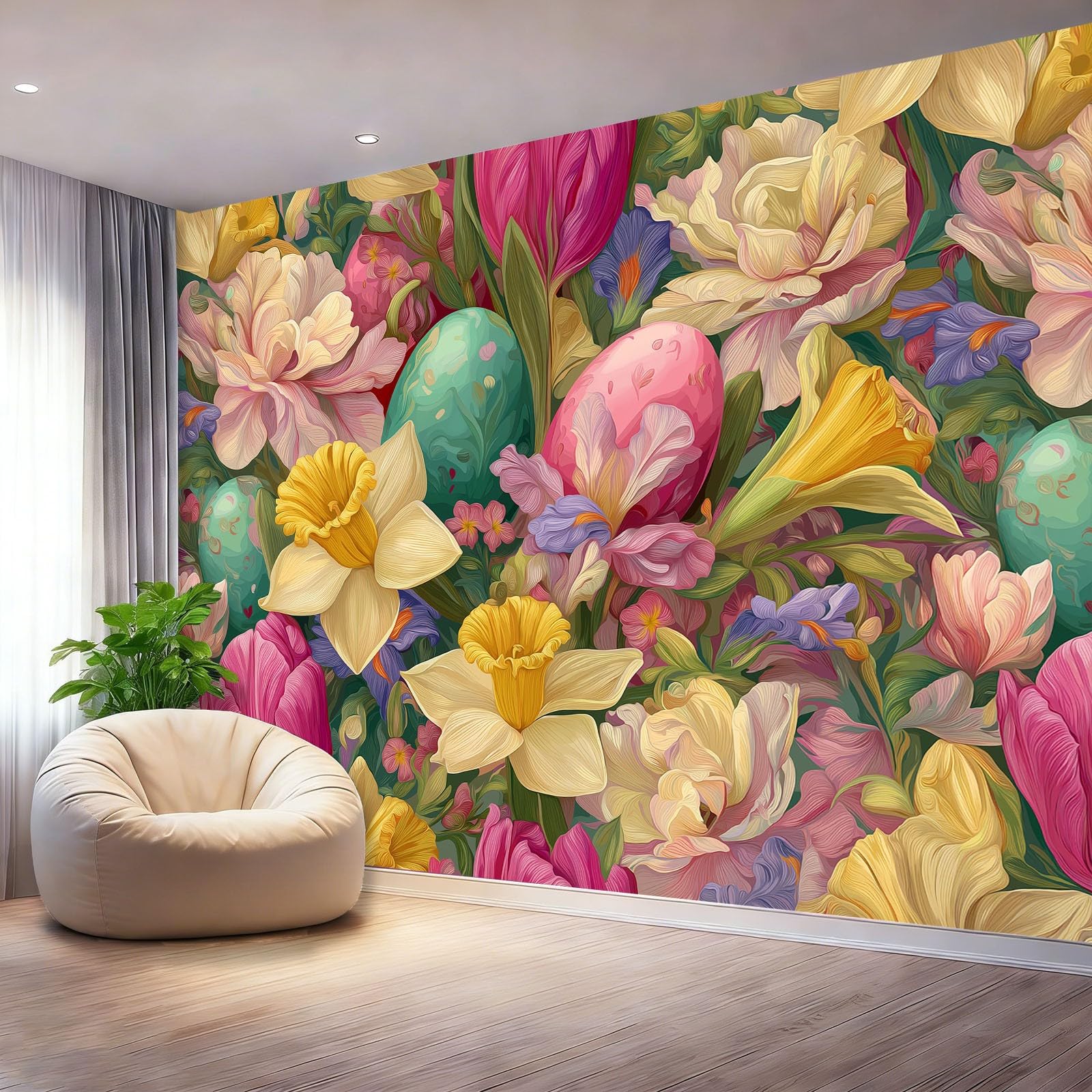 Fototapety Akwarela Tulipany Rośliny Żonkile Kolorowe Włóknina Tapeta Dekoracja Salon Sypialnia Biuro, 300 x 210 cm