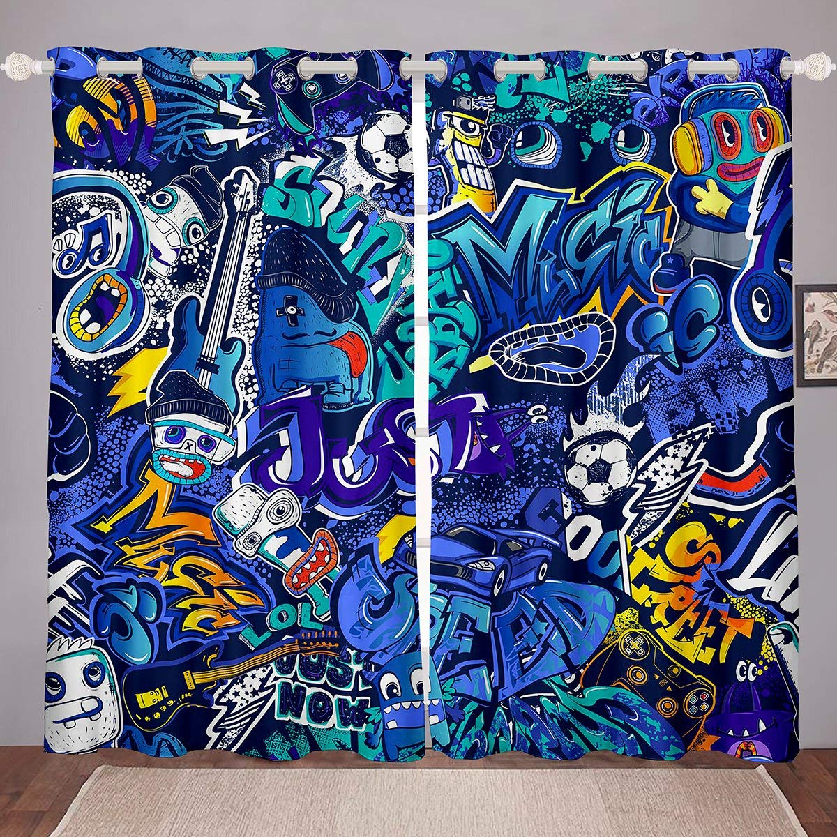 Loussiesd Hip Pop Curtains for Bedroom Teens Boys Kids Hippie Graffiti Room Darkening Curtain Gaming Rock Music Thermal Window Drapes Video Gamepad Sports Car Guitar Window Treatment Blue W46*L72