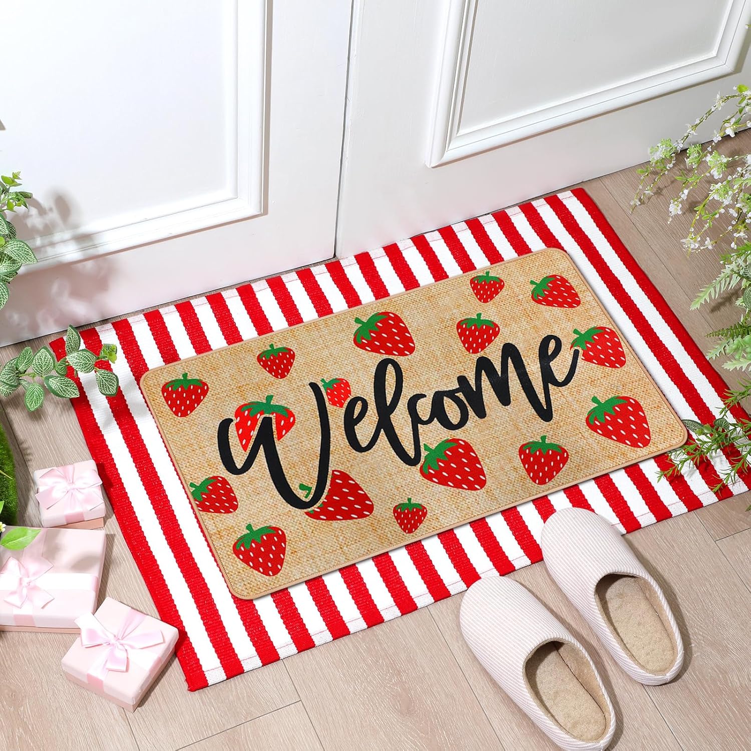 Tinideya 2 Pcs Strawberry Layered Door Mats Outdoor Cute Summer Strawberry Welcome Front Door Rugs Non Slip Floor Mats for Porch Entryway Indoor Outdoor