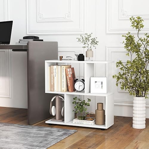 Miniatura 2 de Tangkula Estantería geométrica de 2 niveles, estante de exhibición de madera independiente, divisor de habitación en forma de S, estantería abierta