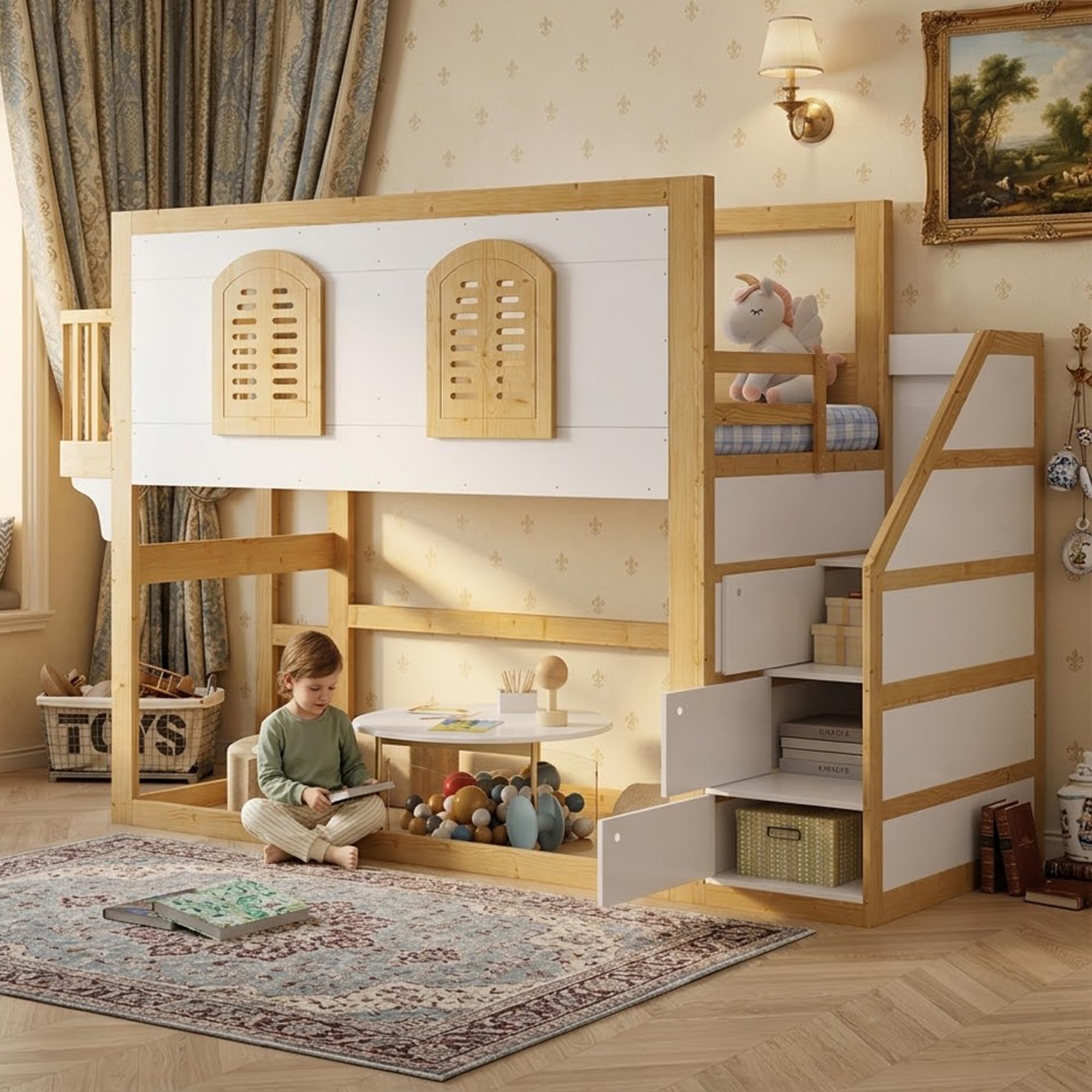 Kinder-Hochbett 90x200 cm, Massivholz Weiß & Natur, Treppenschrank, Spielfläche, Fenster, Sicherheitsgeländer, Lattenrost